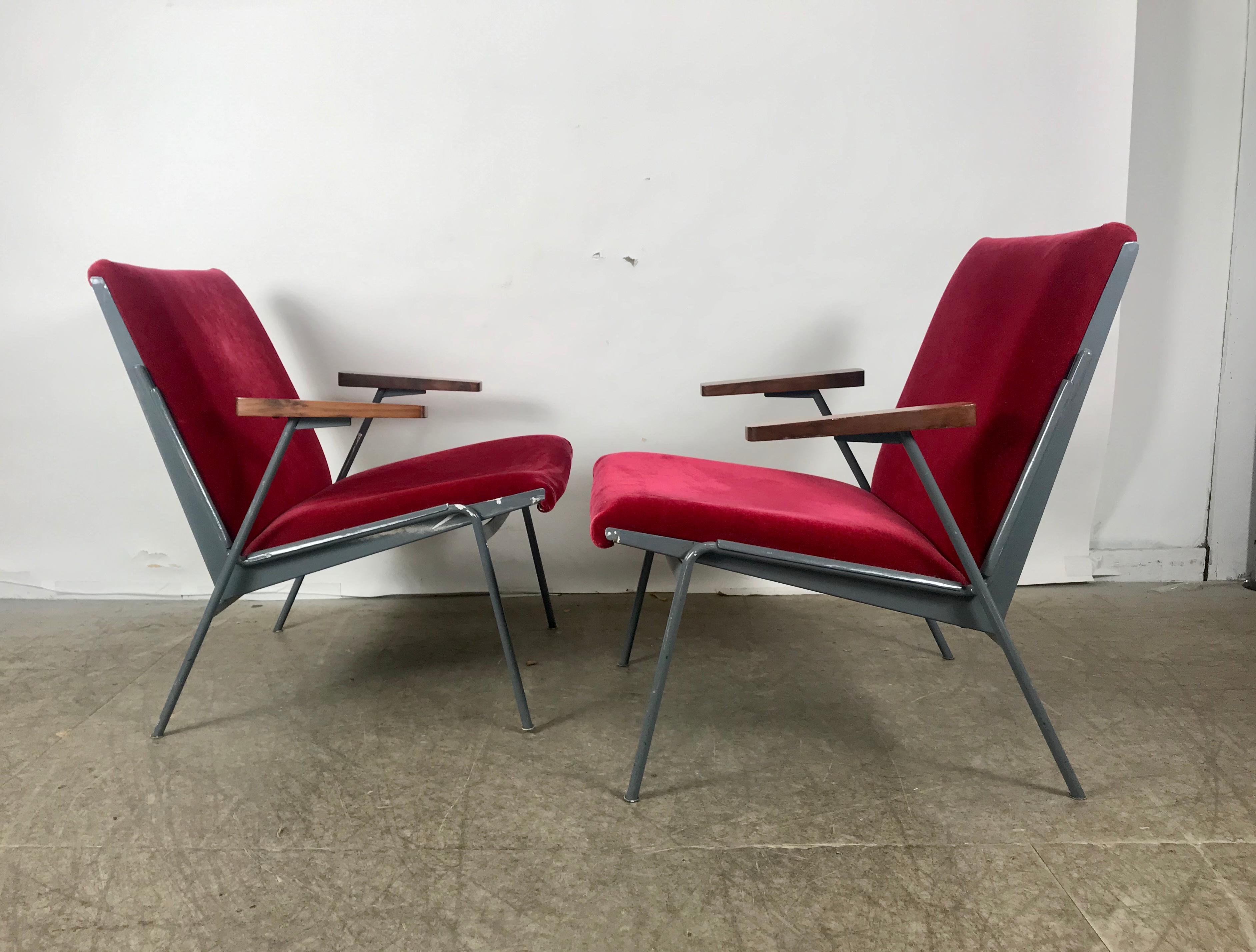 Lacquered Matched Pair of French Modernist Lounge Chairs in Red Mohair Jean Prouve Style For Sale