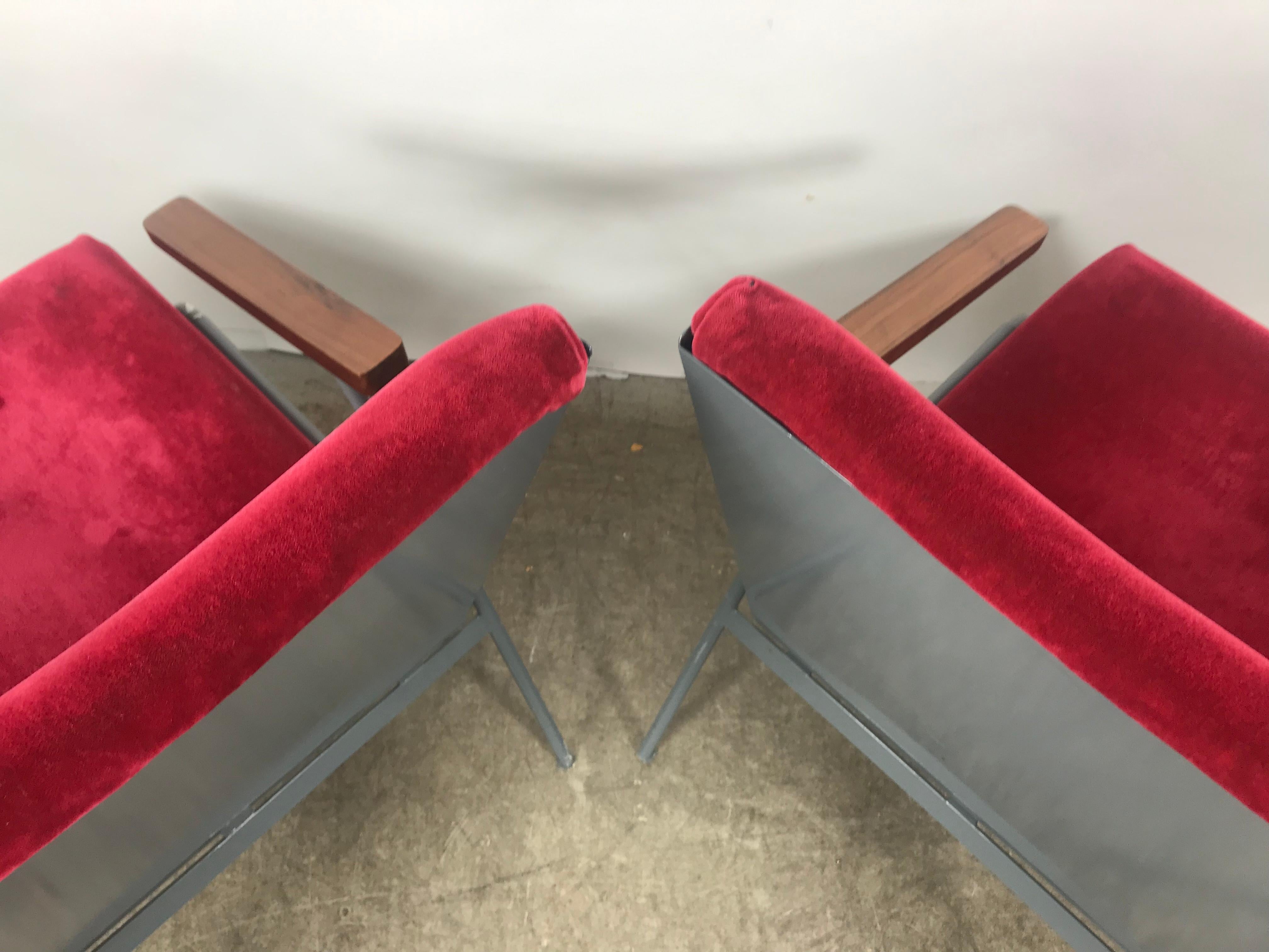 Matched Pair of French Modernist Lounge Chairs in Red Mohair Jean Prouve Style In Good Condition For Sale In Buffalo, NY