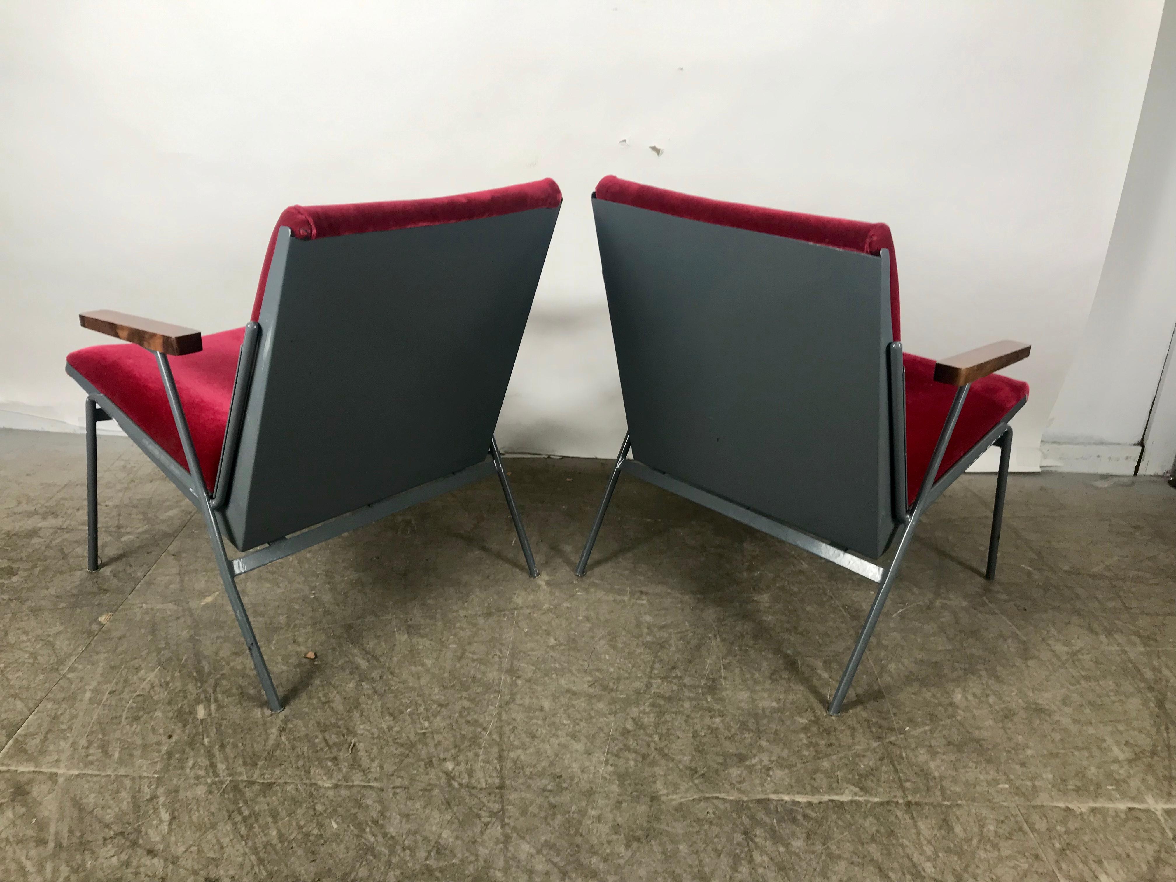 Mid-20th Century Matched Pair of French Modernist Lounge Chairs in Red Mohair Jean Prouve Style For Sale