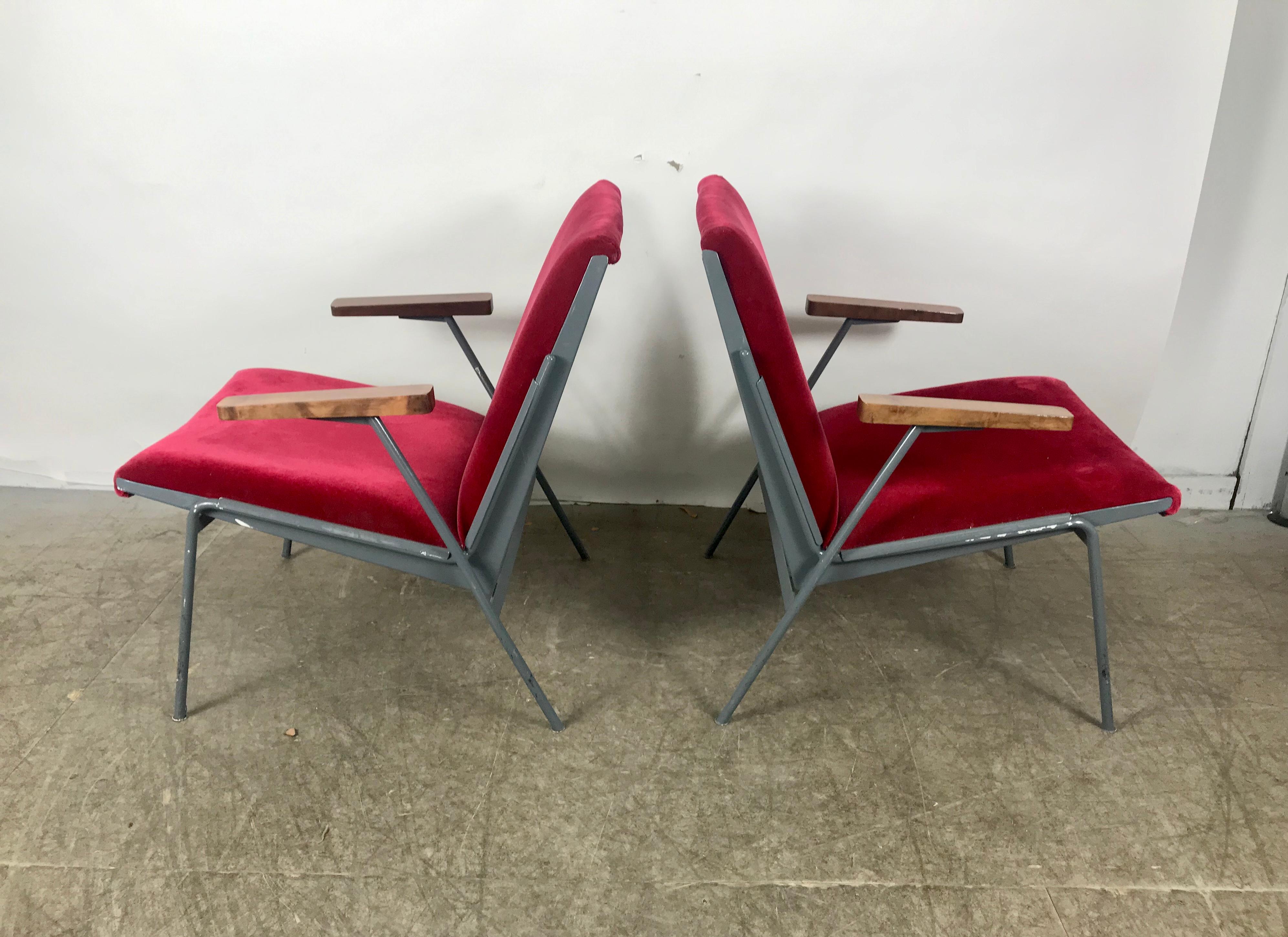 Metal Matched Pair of French Modernist Lounge Chairs in Red Mohair Jean Prouve Style For Sale
