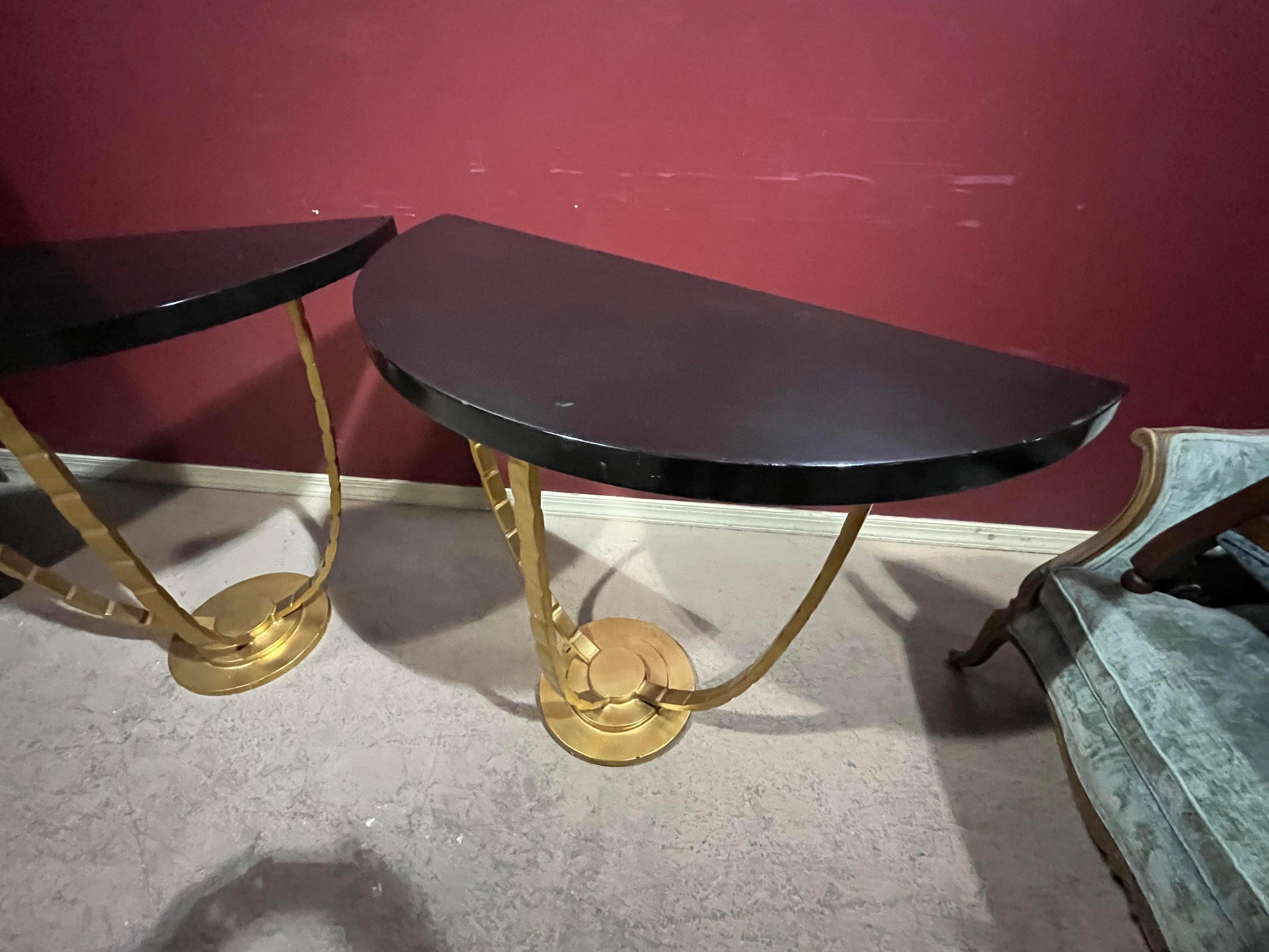 Matched Pair Gilded Steel Ebonized Art Deco Style Tall Console Tables In Good Condition In Swedesboro, NJ