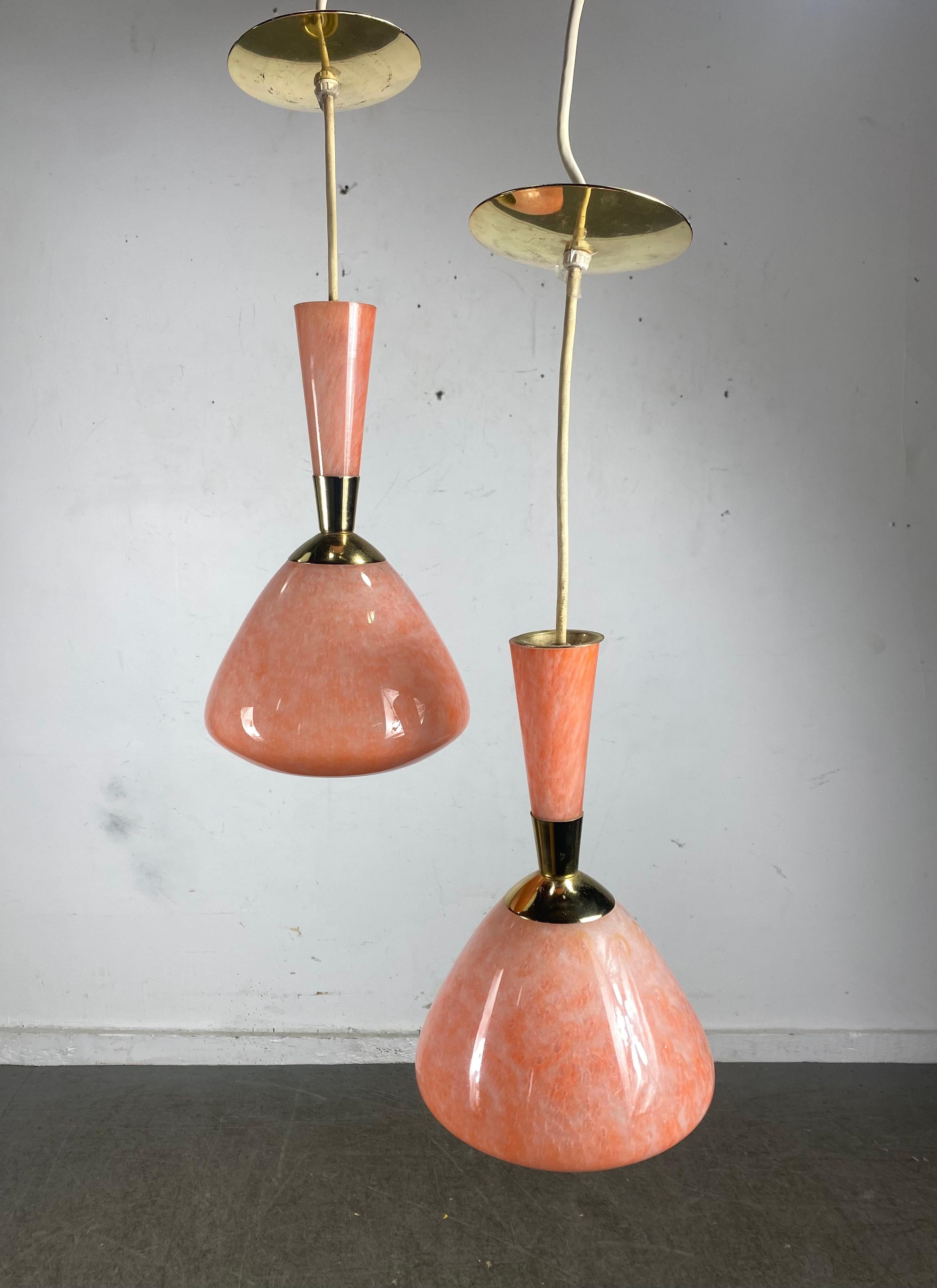 Mid-Century Modern Matched Pair Hand Blown Glass and Brass Modernist Pendants by Moe Light