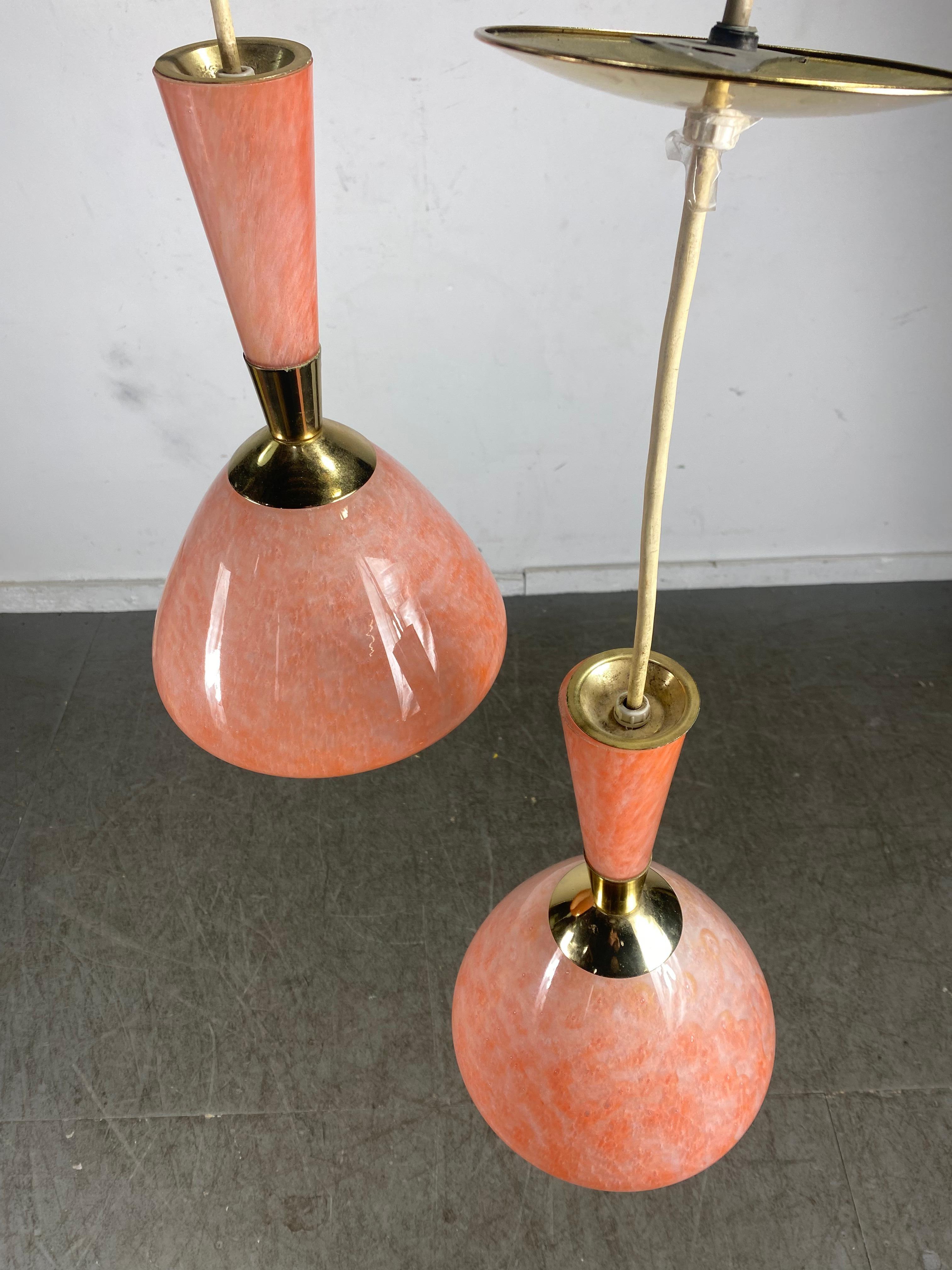 American Matched Pair Hand Blown Glass and Brass Modernist Pendants by Moe Light