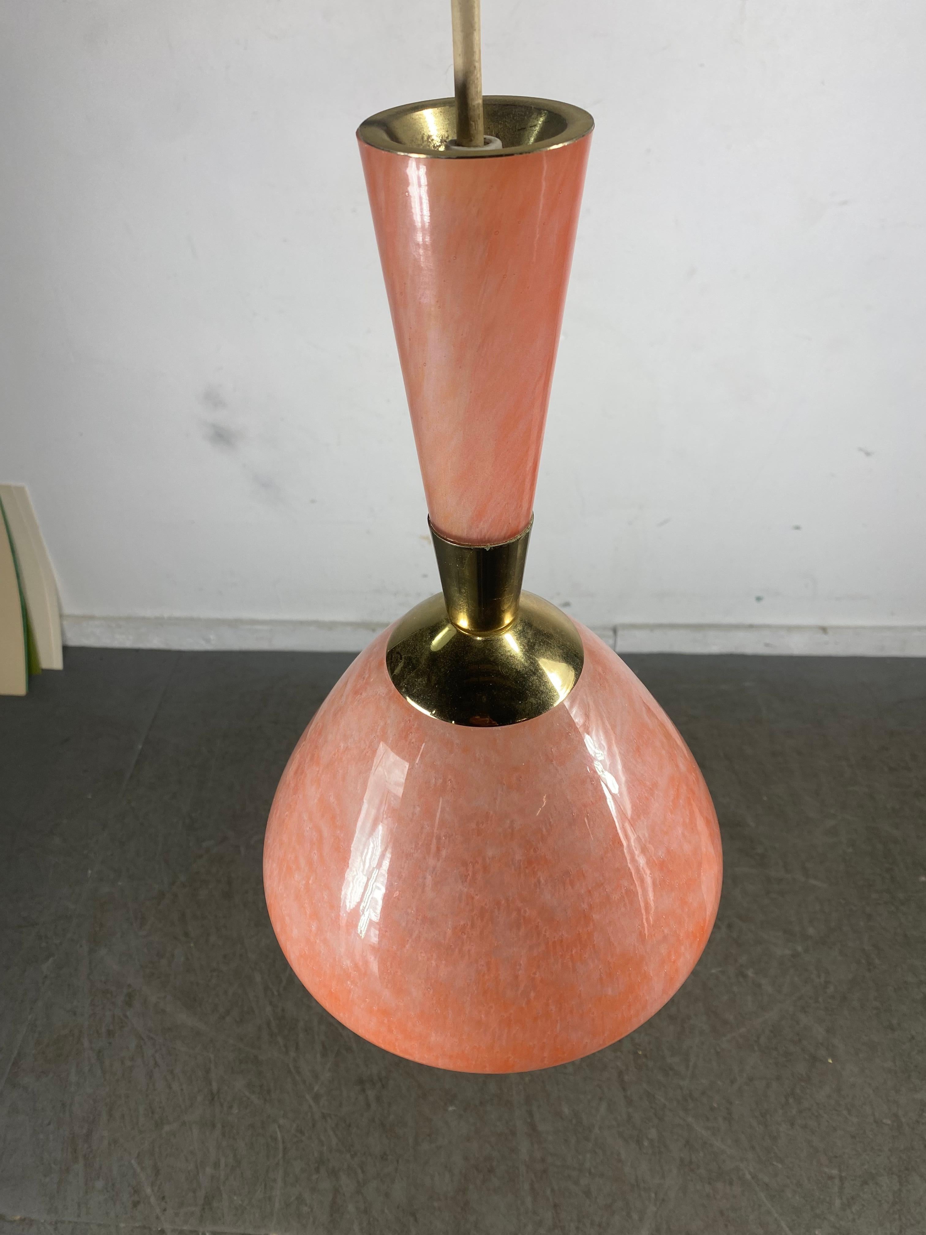 Matched Pair Hand Blown Glass and Brass Modernist Pendants by Moe Light In Good Condition In Buffalo, NY