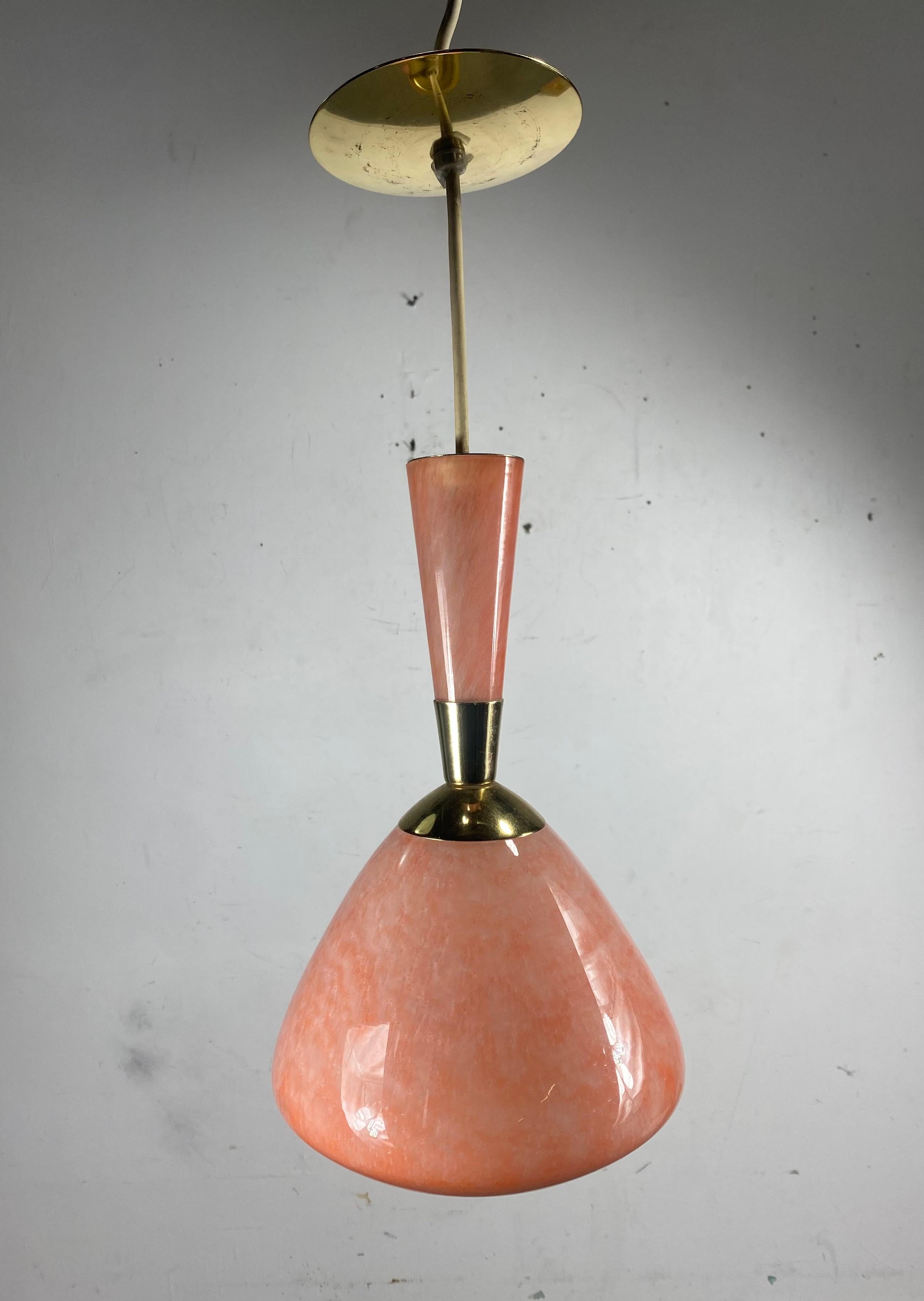 Matched Pair Hand Blown Glass and Brass Modernist Pendants by Moe Light 1