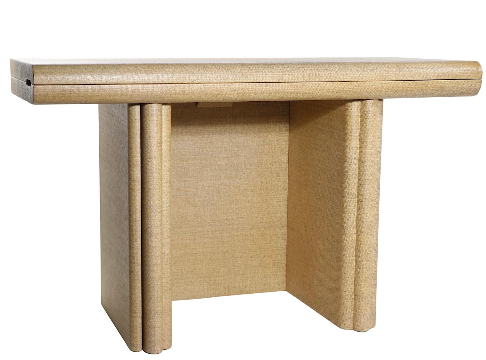 Matched Pair Hollywood Regency Grass Cloth Console Dining Tables after Springer For Sale 6