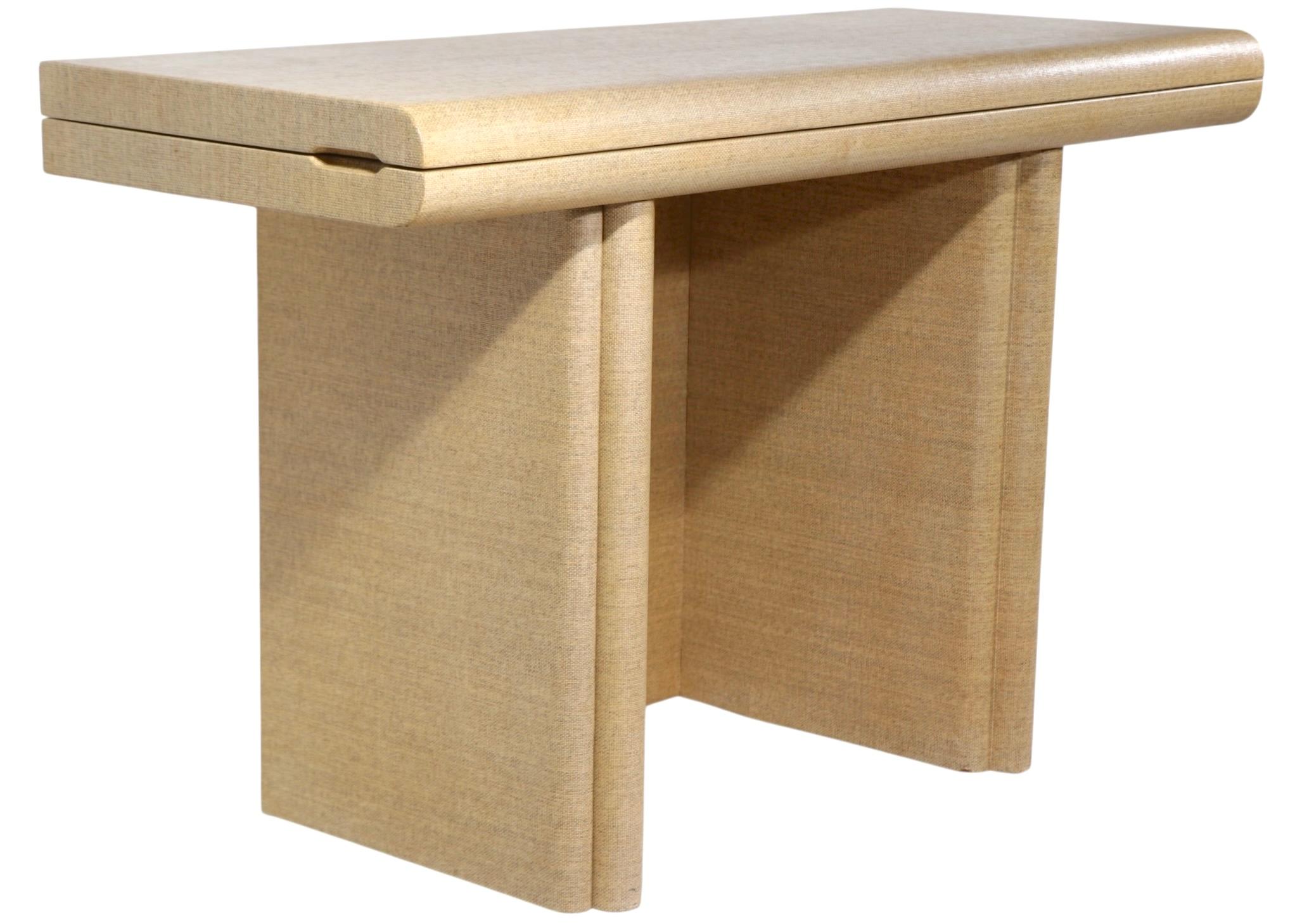 Matched Pair Hollywood Regency Grass Cloth Console Dining Tables after Springer For Sale 7