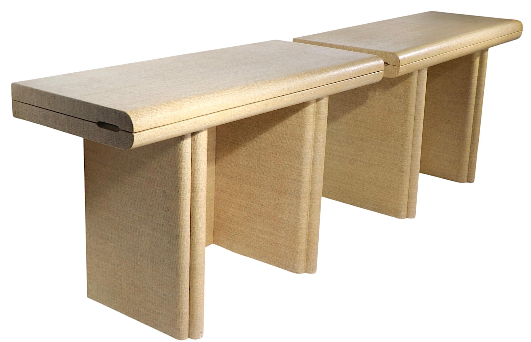 Matched Pair Hollywood Regency Grass Cloth Console Dining Tables after Springer For Sale 8