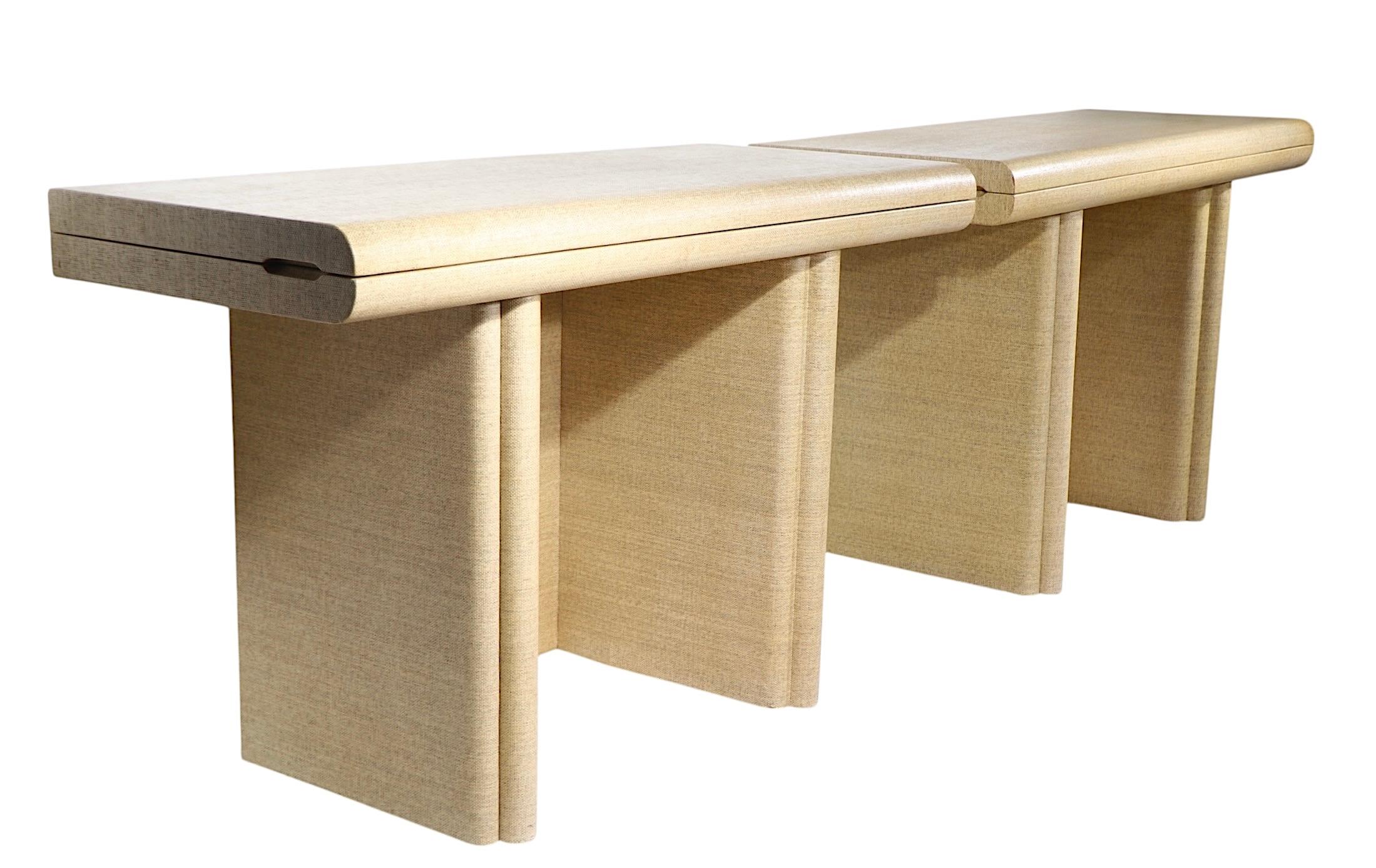 Matched Pair Hollywood Regency Grass Cloth Console Dining Tables after Springer For Sale 9