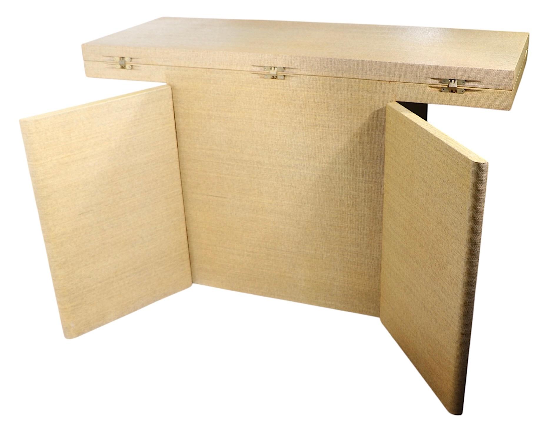 Matched Pair Hollywood Regency Grass Cloth Console Dining Tables after Springer For Sale 11