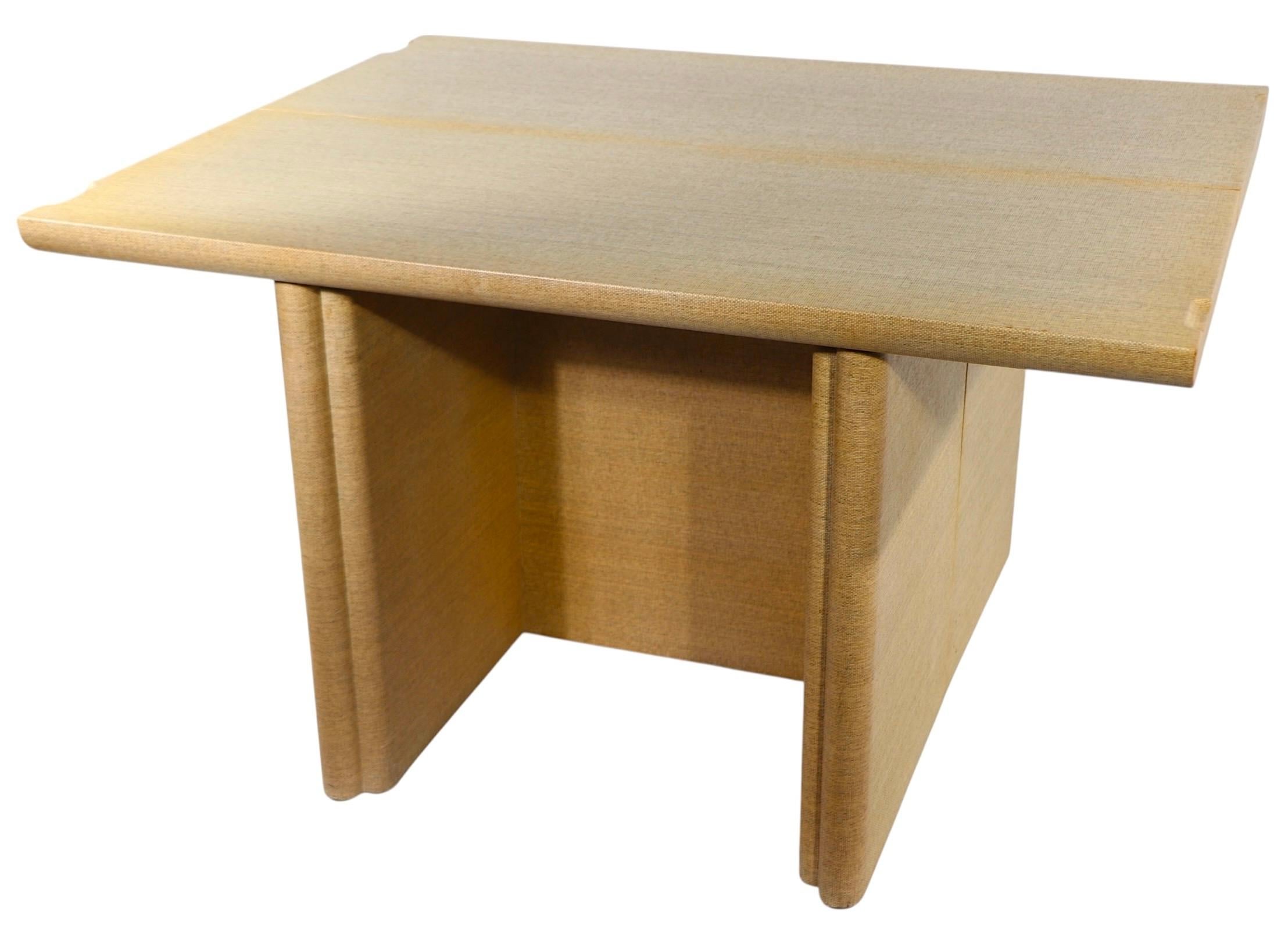 Matched Pair Hollywood Regency Grass Cloth Console Dining Tables after Springer For Sale 2