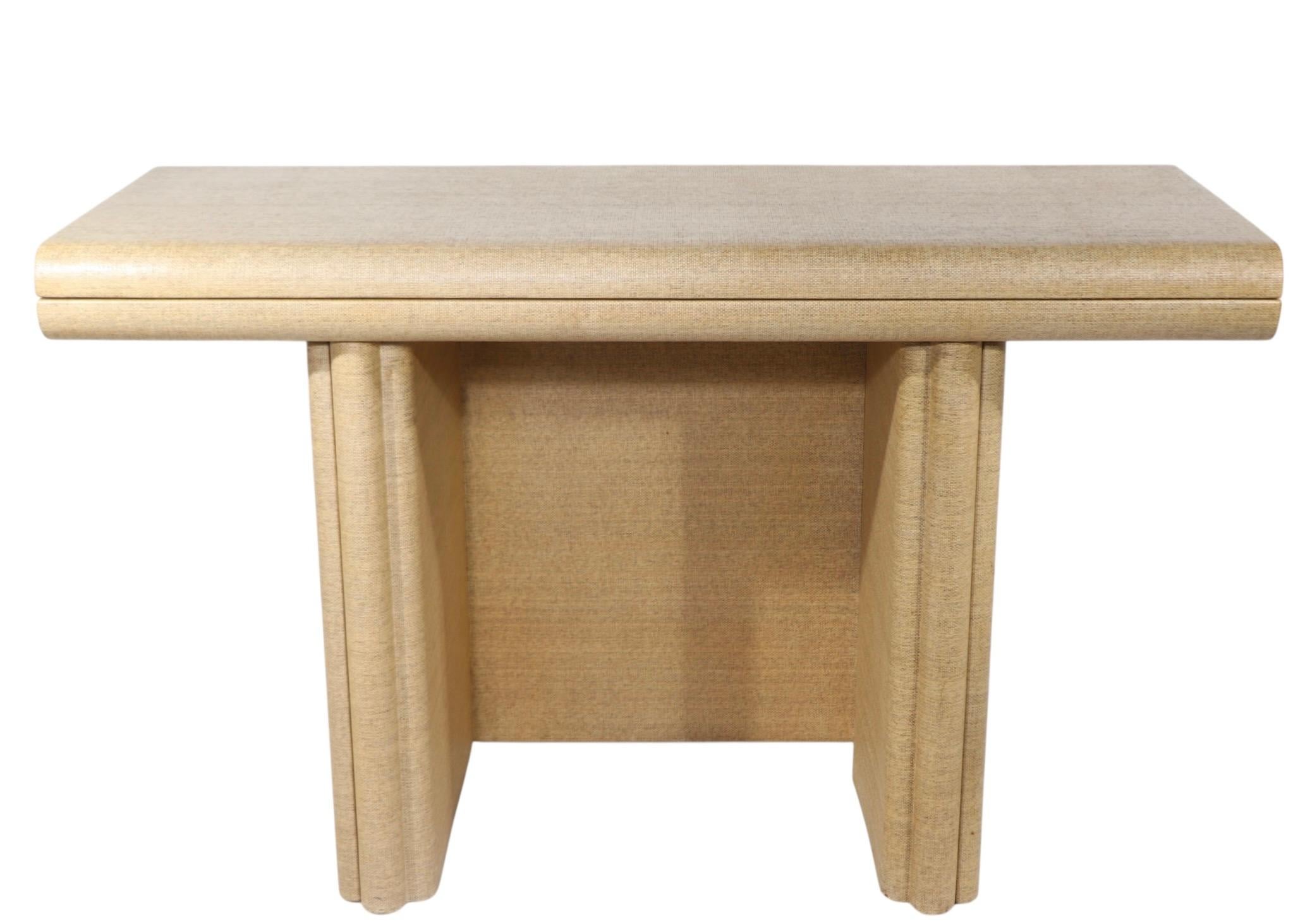 Matched Pair Hollywood Regency Grass Cloth Console Dining Tables after Springer For Sale 3