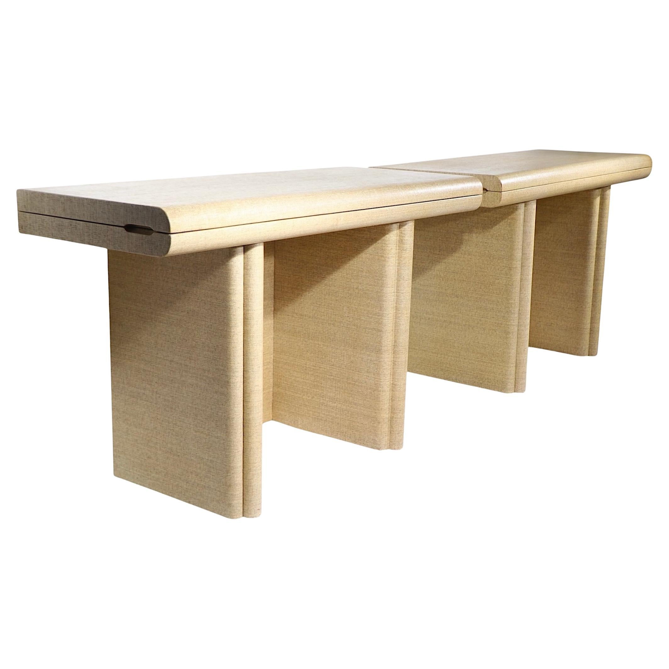 Matched Pair Hollywood Regency Grass Cloth Console Dining Tables after Springer For Sale