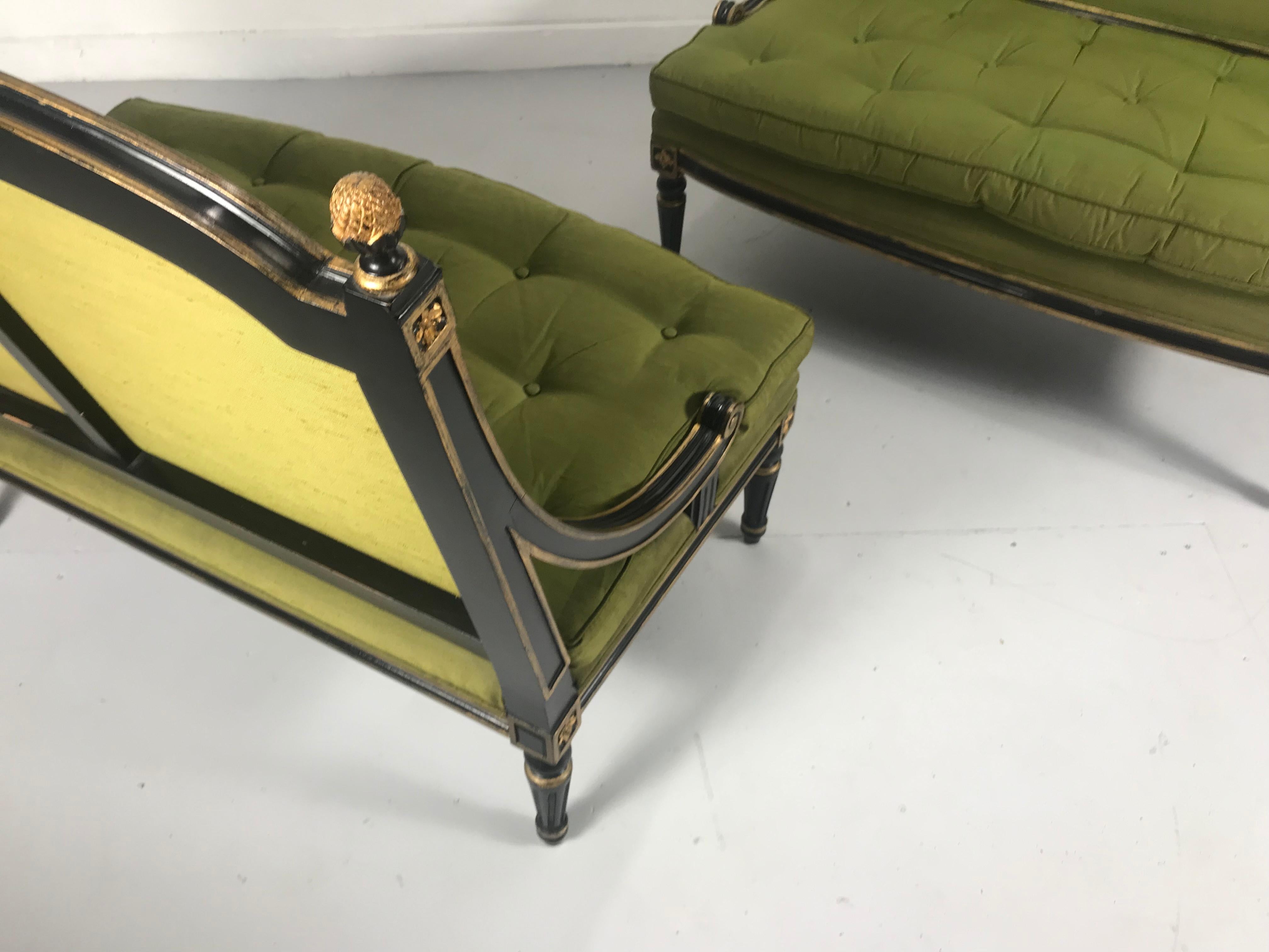 Matched Pair of Louis XV Style Lacquered and Gilt Settee's, Loveseats In Good Condition In Buffalo, NY