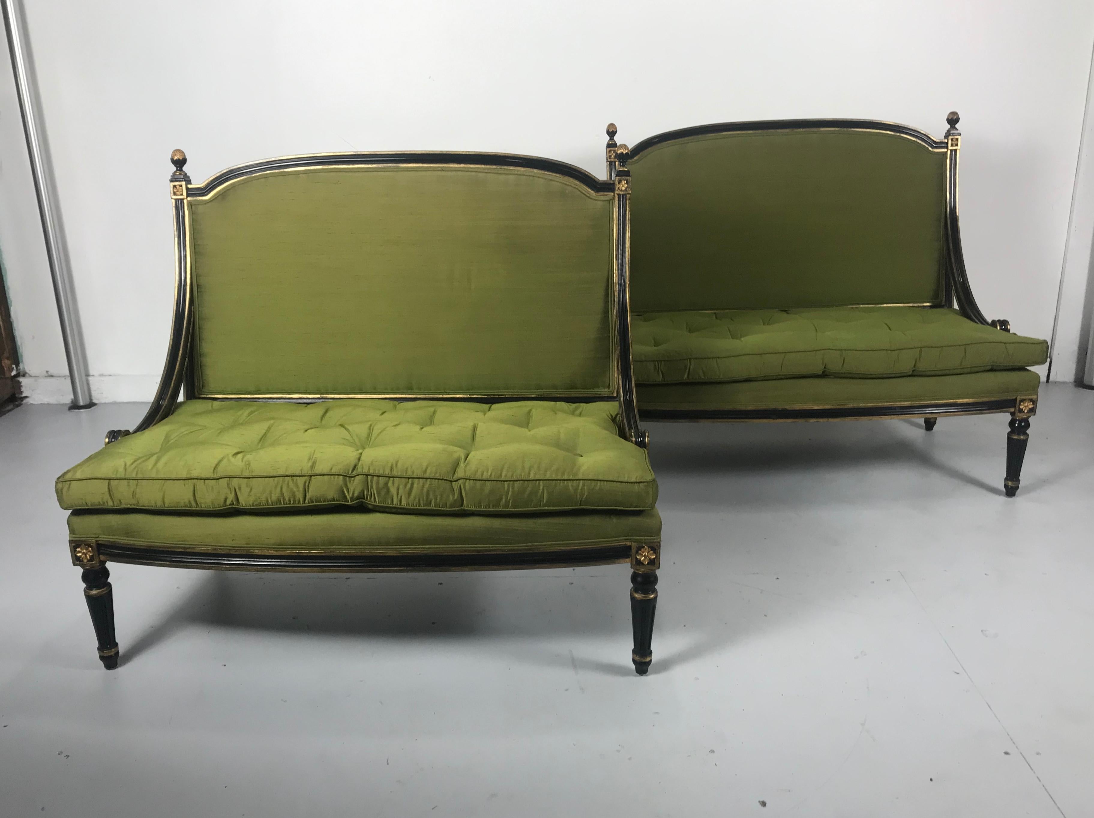 Mid-20th Century Matched Pair of Louis XV Style Lacquered and Gilt Settee's, Loveseats