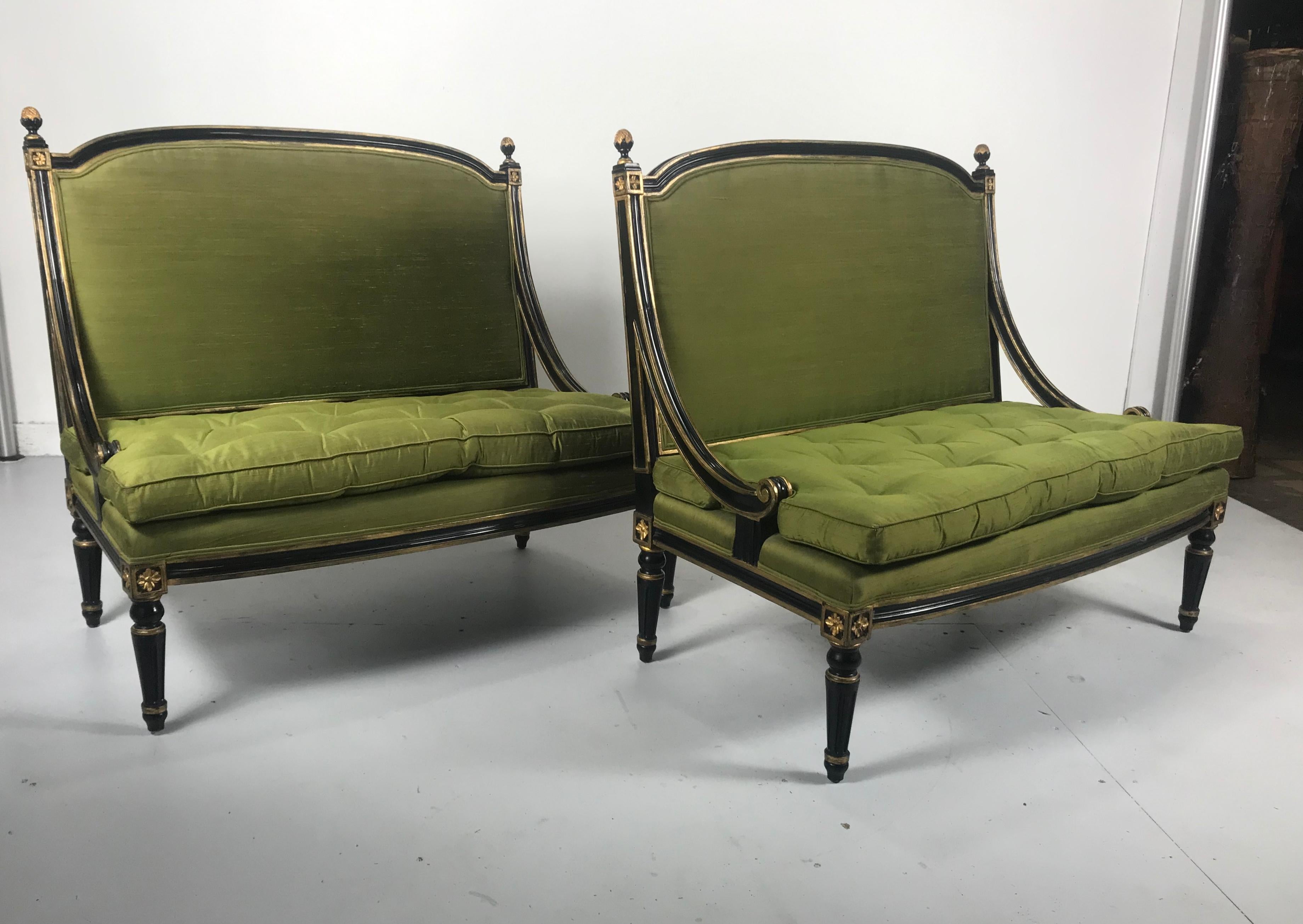 Fabric Matched Pair of Louis XV Style Lacquered and Gilt Settee's, Loveseats