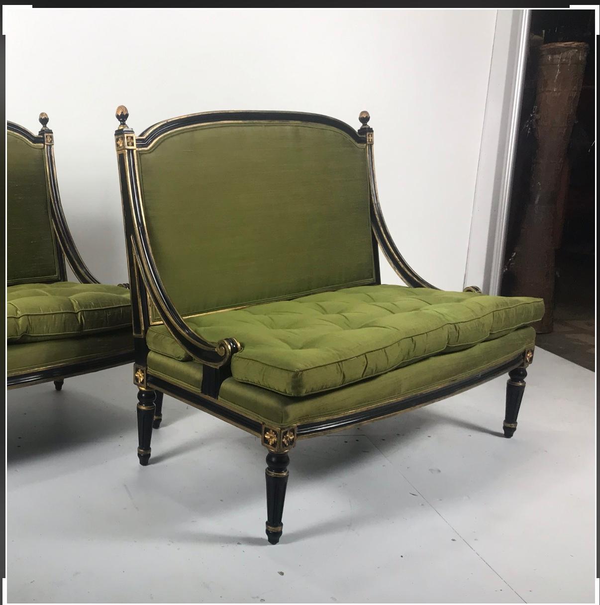Matched Pair of Louis XV Style Lacquered and Gilt Settee's, Loveseats 1