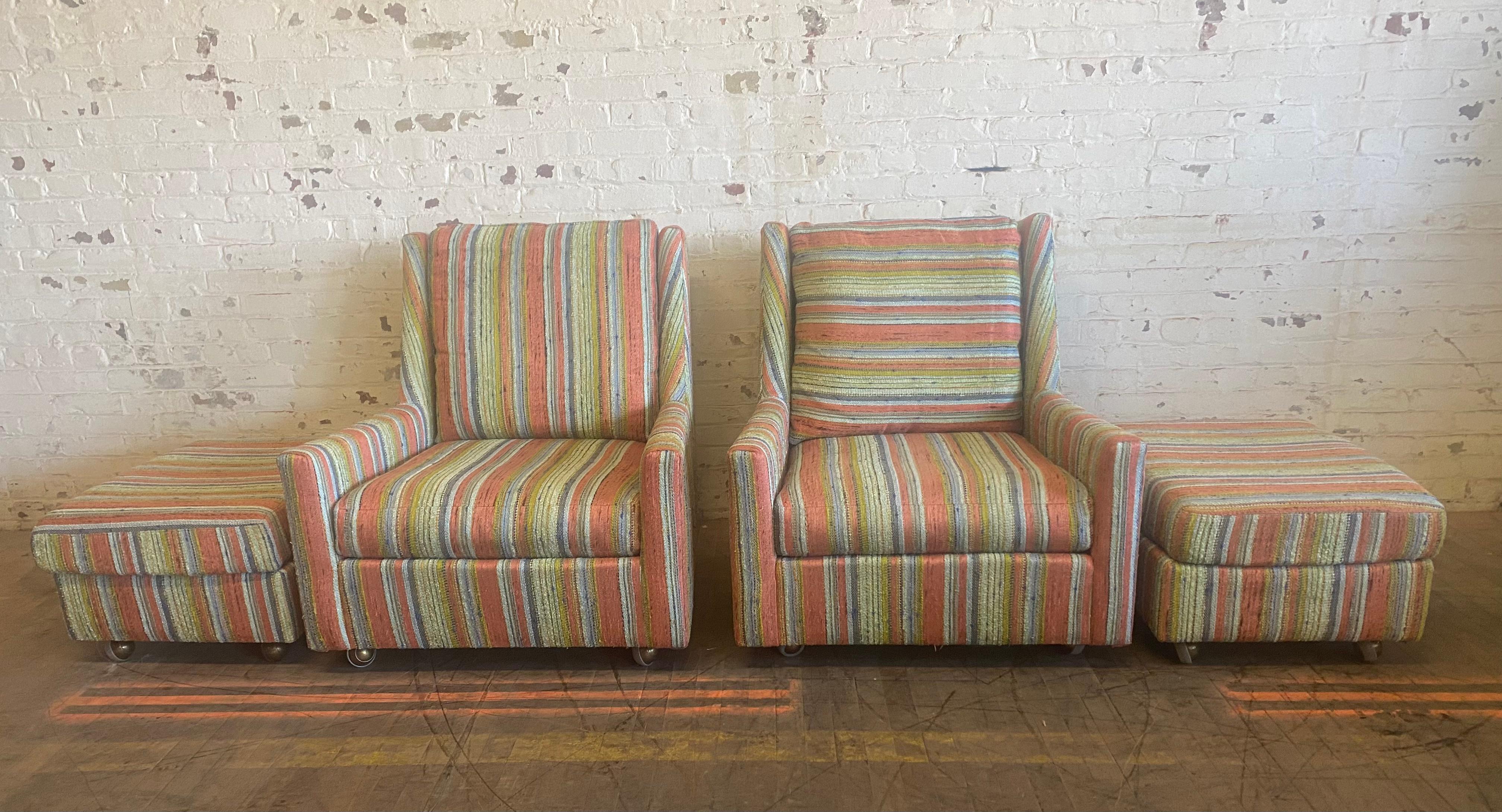 Matched Pair Lounge Chairs/ Ottomans Maharam, Alexander Girard Stripe Fabric For Sale 4
