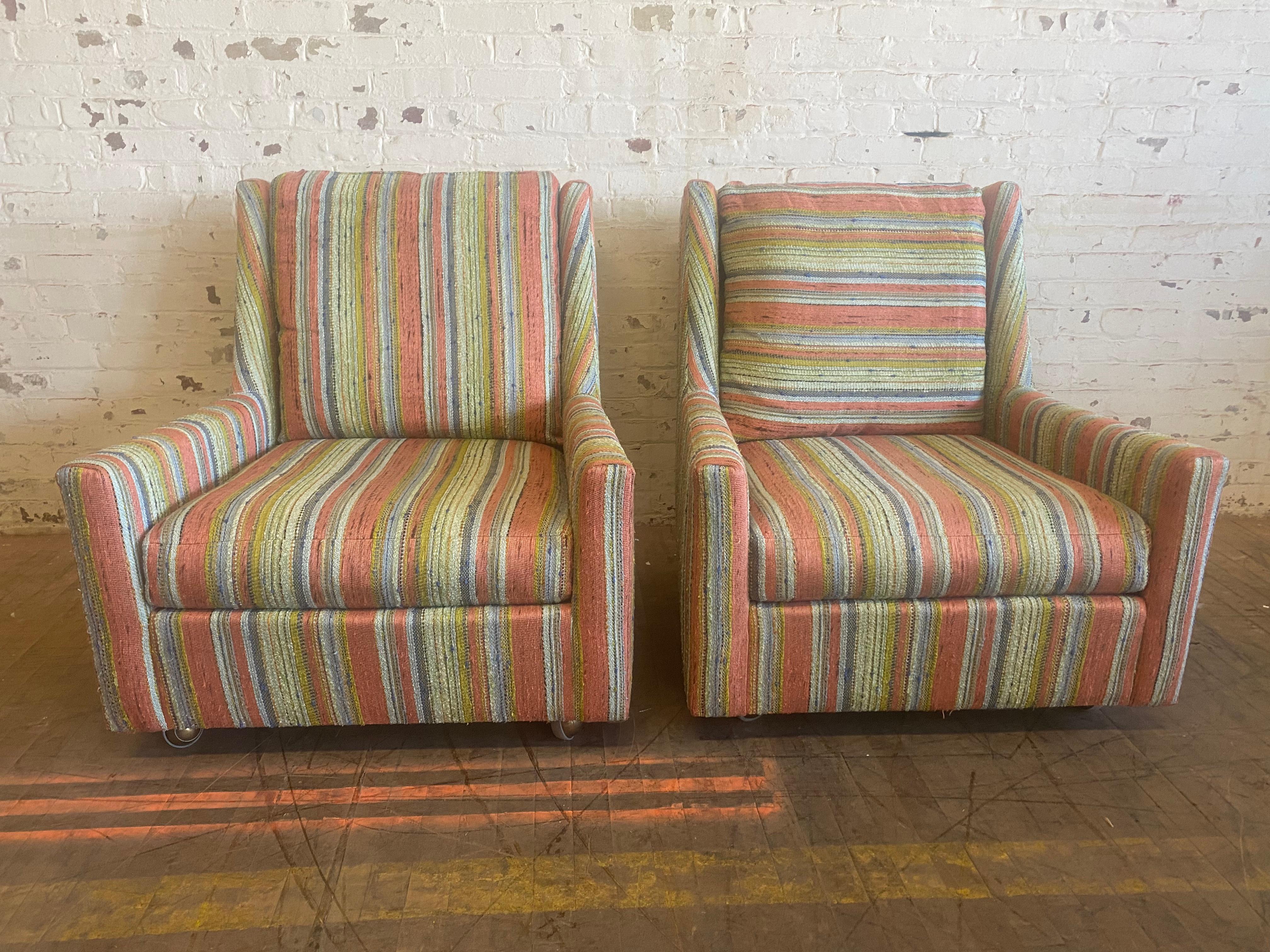 Matched Pair Lounge Chairs/ Ottomans Maharam, Alexander Girard Stripe Fabric For Sale 5