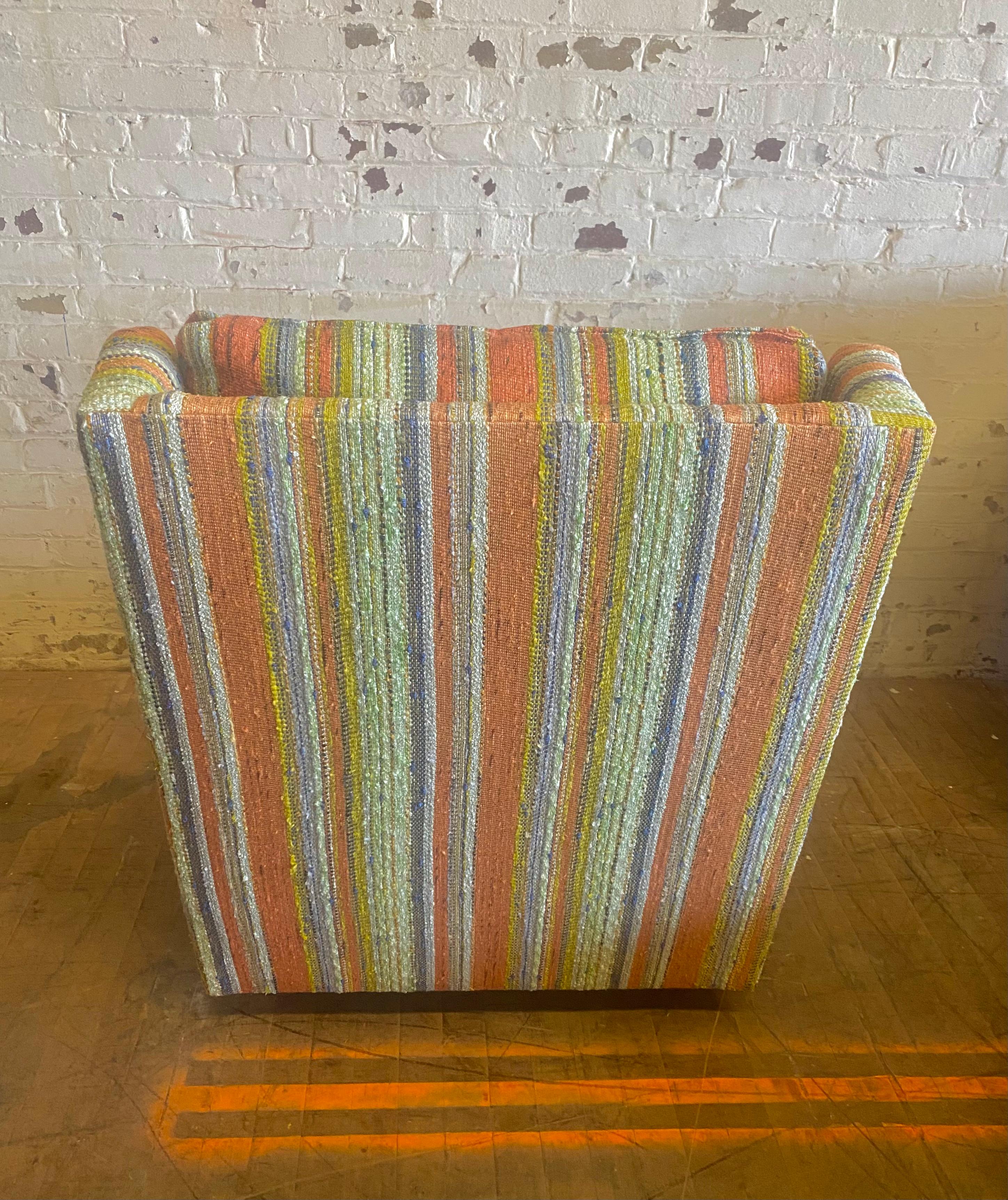 Mid-Century Modern Matched Pair Lounge Chairs/ Ottomans Maharam, Alexander Girard Stripe Fabric For Sale