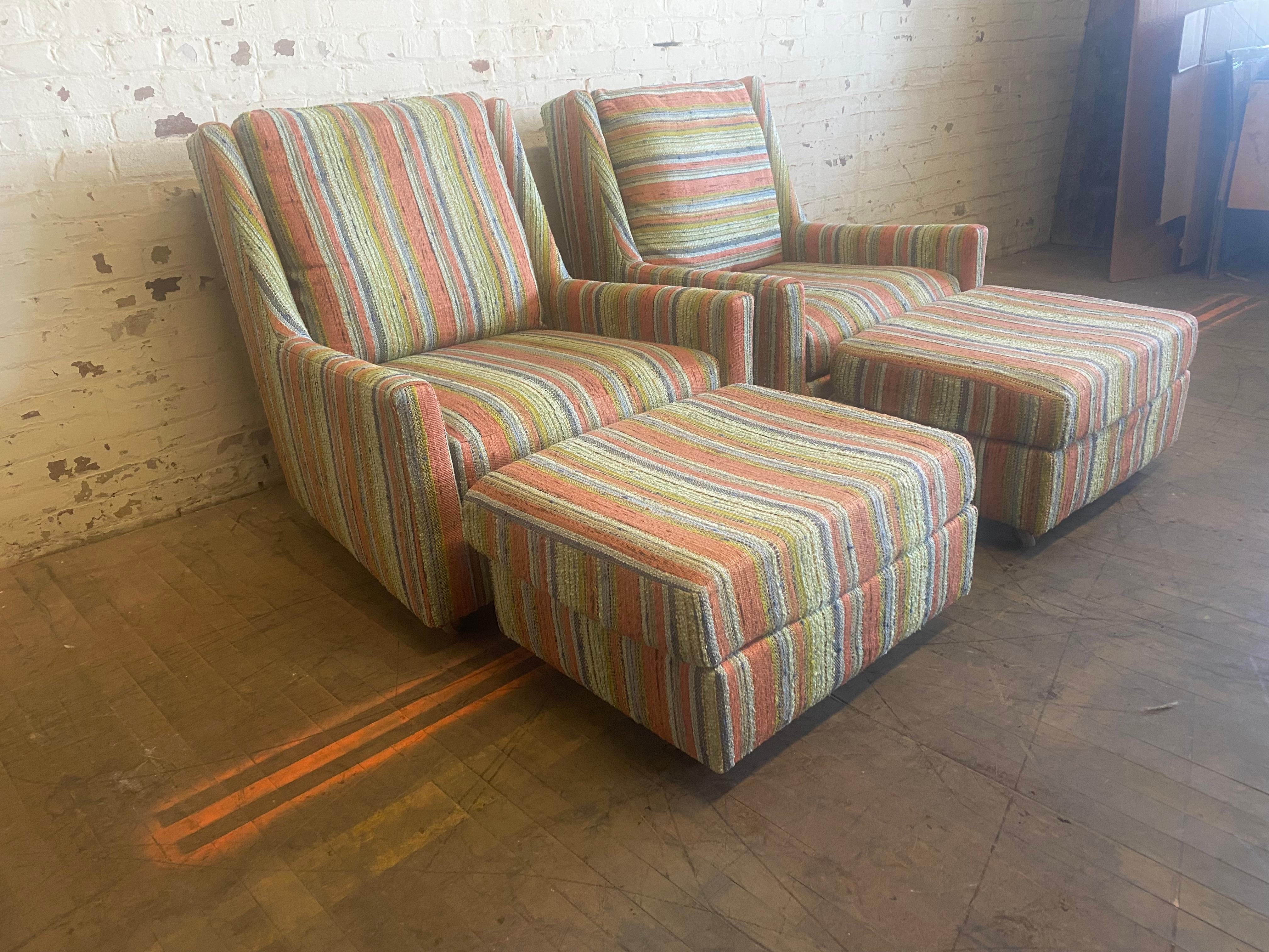 Matched Pair Lounge Chairs/ Ottomans Maharam, Alexander Girard Stripe Fabric In Good Condition For Sale In Buffalo, NY