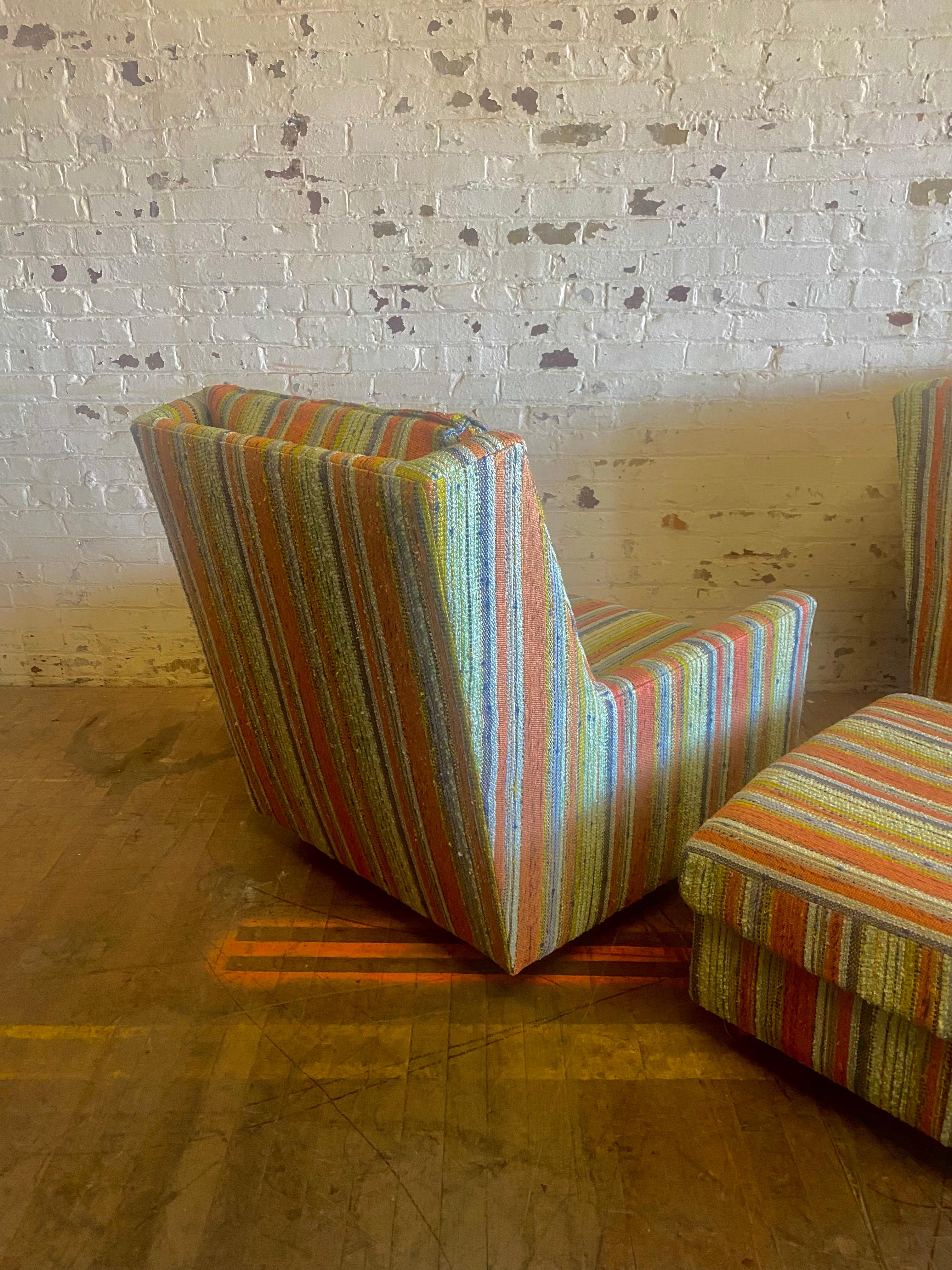 Late 20th Century Matched Pair Lounge Chairs/ Ottomans Maharam, Alexander Girard Stripe Fabric For Sale