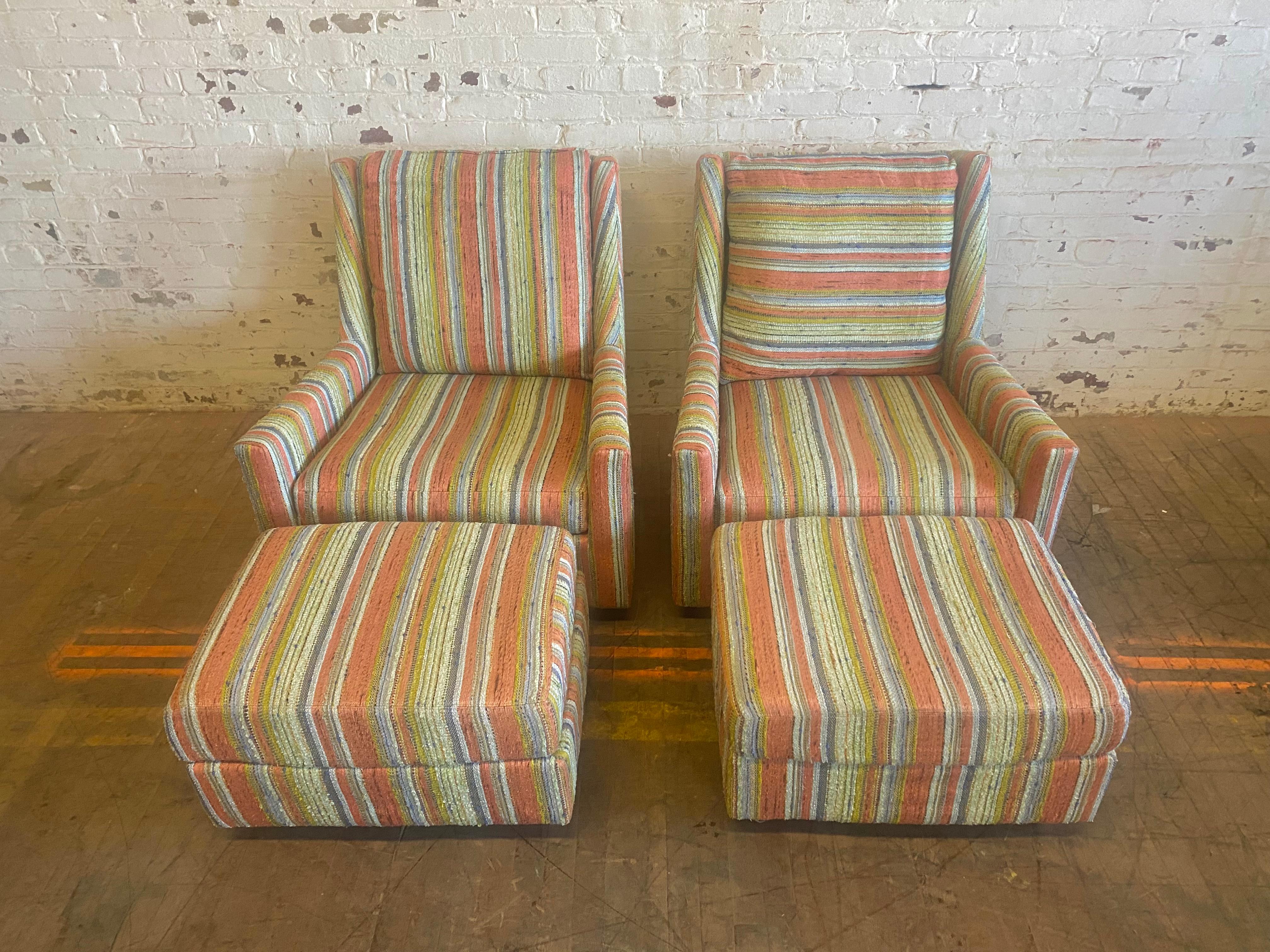 Brass Matched Pair Lounge Chairs/ Ottomans Maharam, Alexander Girard Stripe Fabric For Sale
