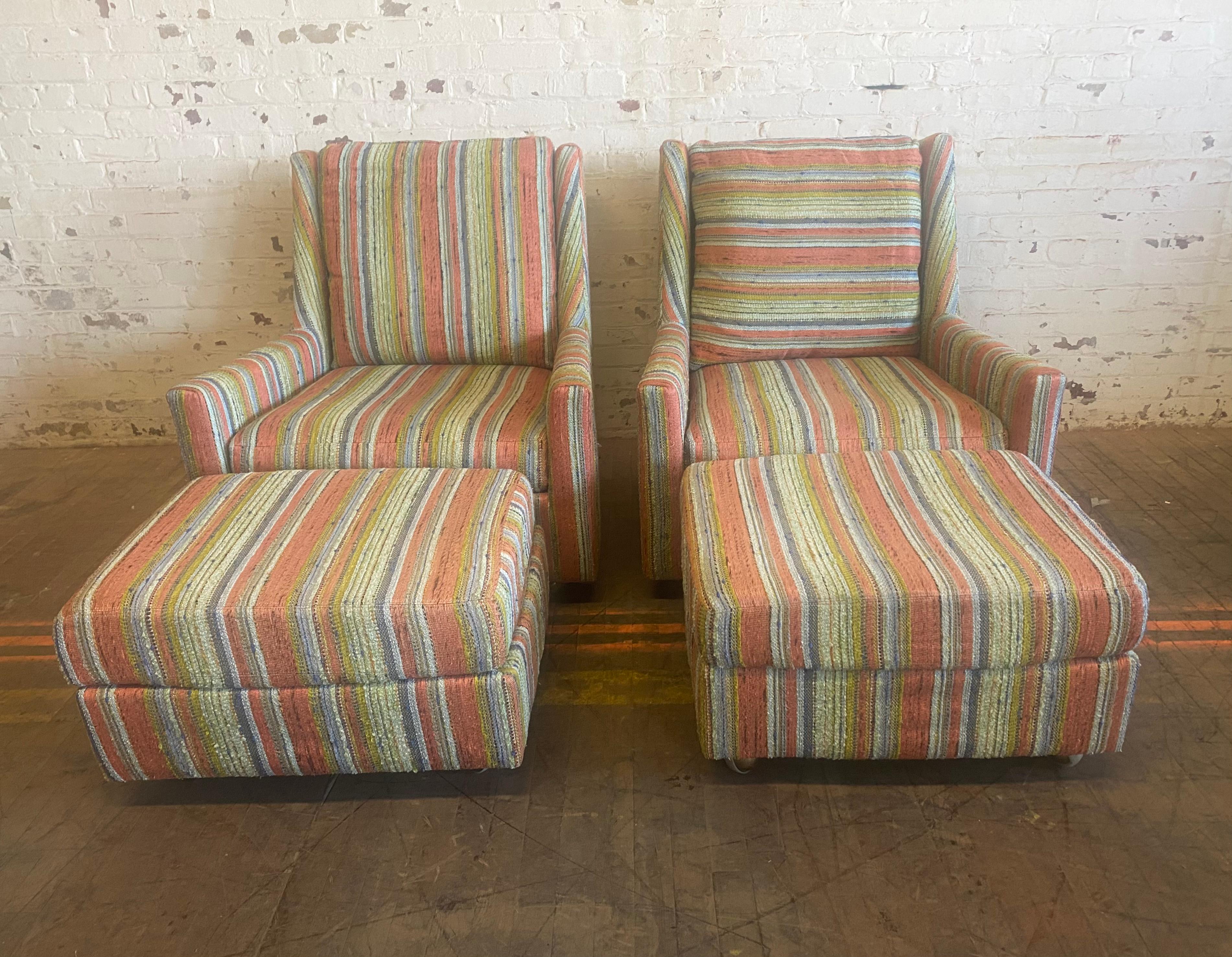 Matched Pair Lounge Chairs/ Ottomans Maharam, Alexander Girard Stripe Fabric For Sale 1