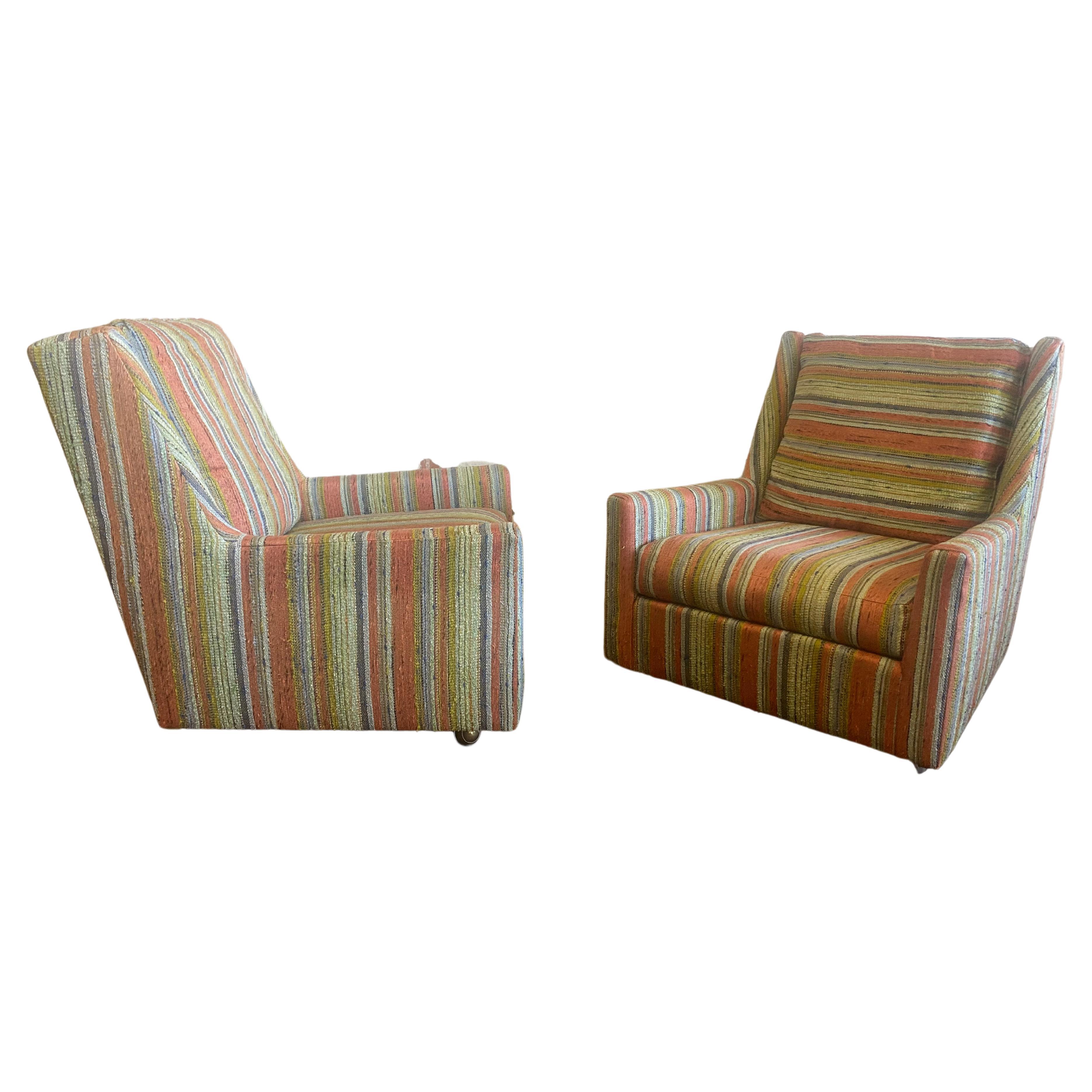 Matched Pair Lounge Chairs/ Ottomans Maharam, Alexander Girard Stripe Fabric