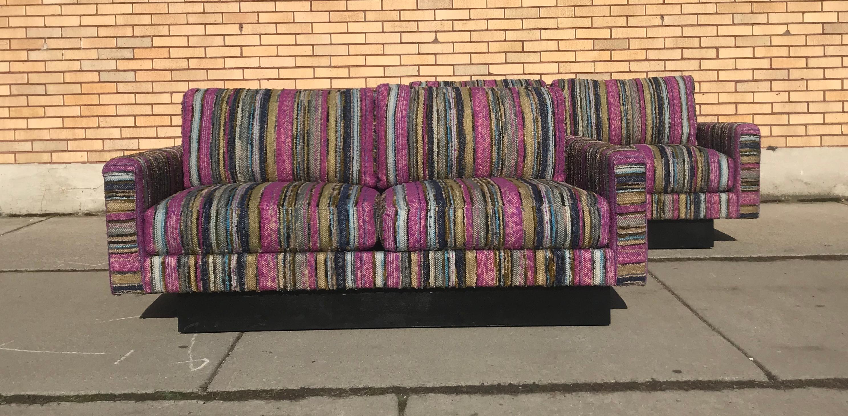 Classic pair of Milo Baughman Even Arm Setee's. / Loveseats, manufactured by Selig. Retains original jaw dropping Missoni fabric. Adjustable black lacquer sliding plinth bases. Amazing original condition, extremely comfortable. Classic 1970s design.