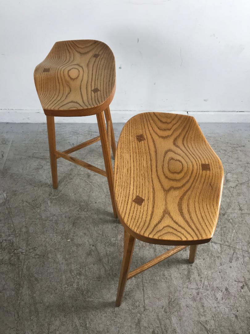 Late 20th Century Matched Pair of Modernist Stools, Bench Made, Rochester Folk Art Guild For Sale