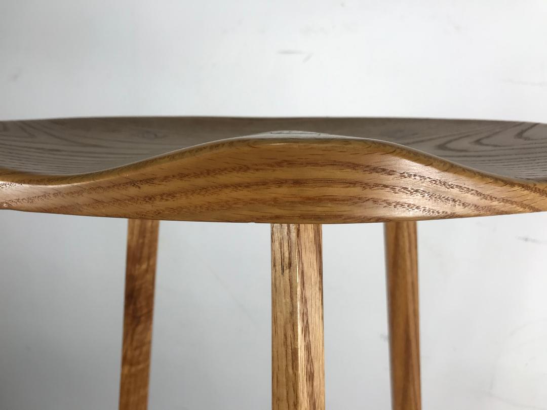 Matched pair of modernist stools, bench made, Rochester Folk Art guild, amazing quality and construction, stacked oak, dovetail joinery, both burn in stamped 'Rochester Folk Art Guild