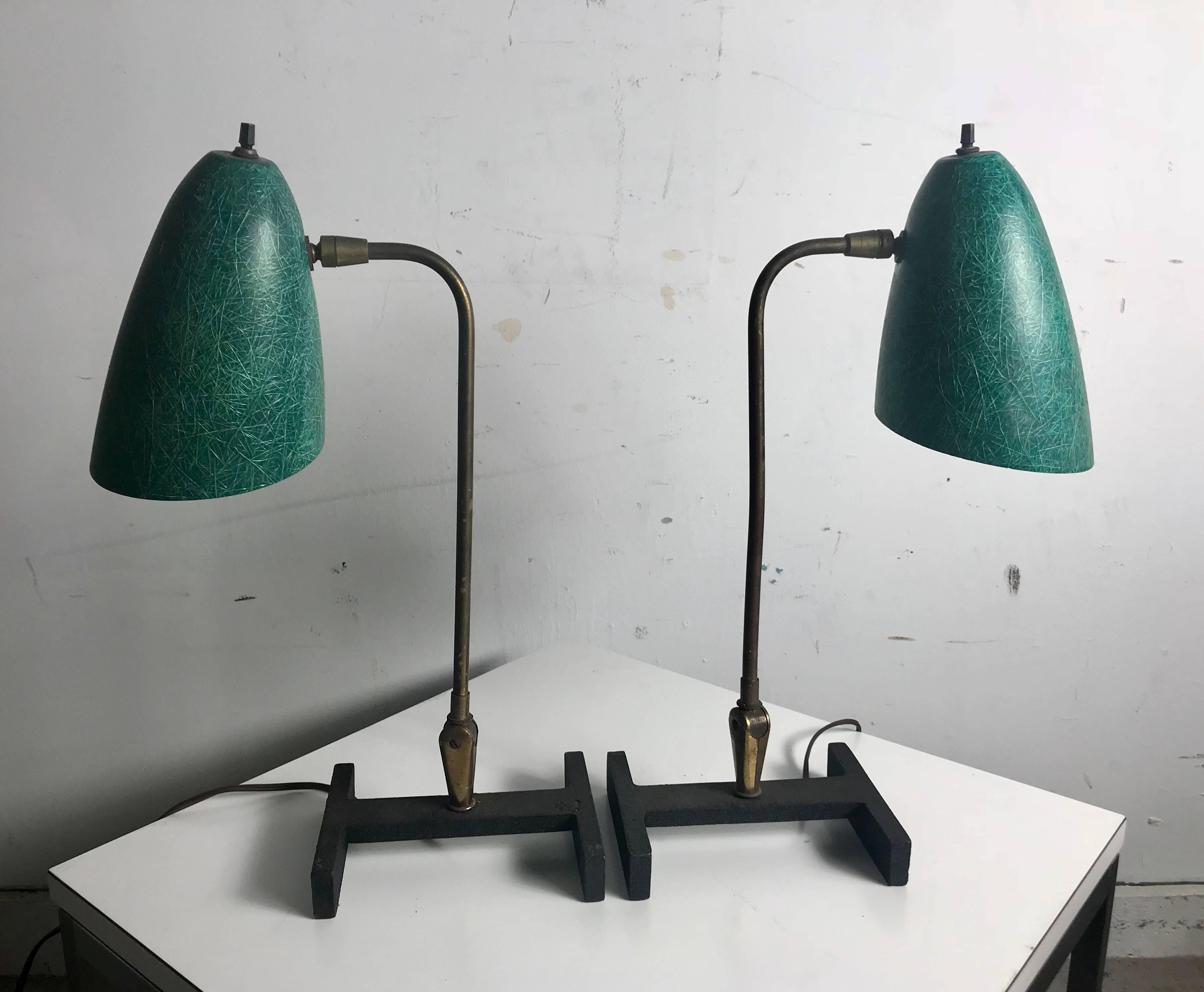 Matched Pair Modernist Task ,desk Lamps, Amazing green spun exposed fiberglass shades, adjustable brass fittings and cast angle iron base, Stunning design, multi position.