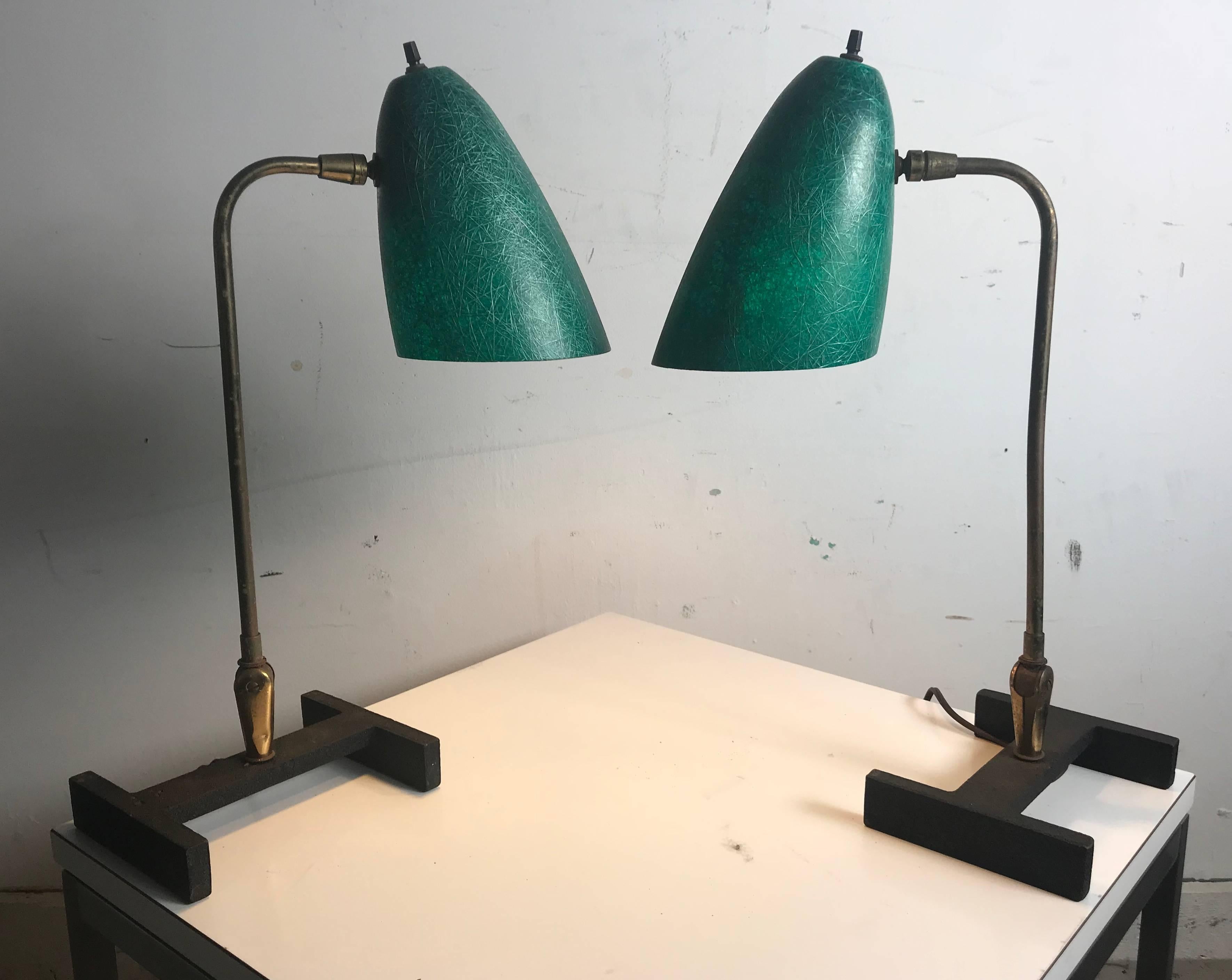 Mid-20th Century Matched Pair Modernist Task, Desk Lamps, Fiberglass Shades, France For Sale