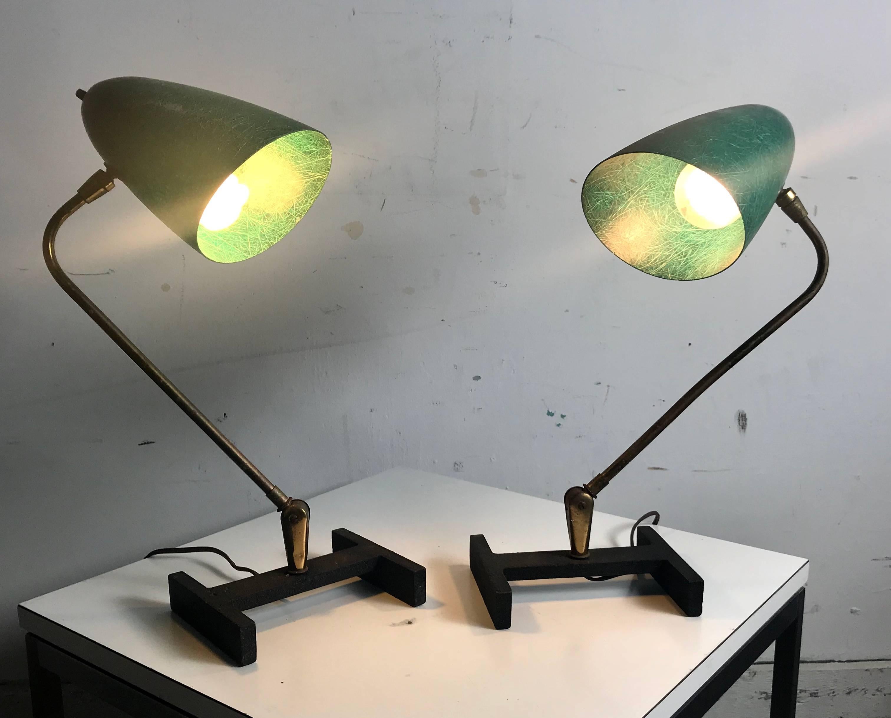 Brass Matched Pair Modernist Task, Desk Lamps, Fiberglass Shades, France For Sale
