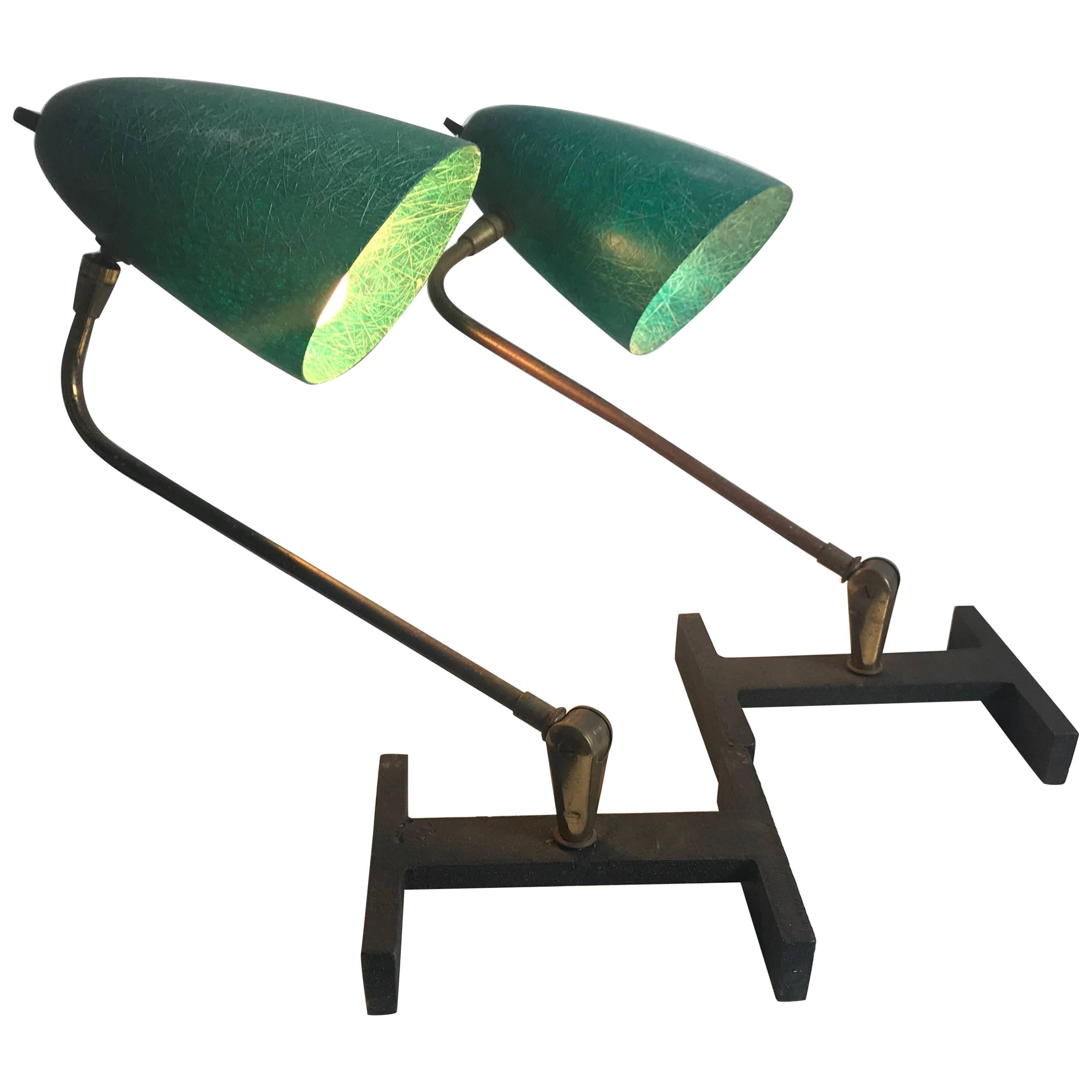 Matched Pair Modernist Task, Desk Lamps, Fiberglass Shades, France For Sale