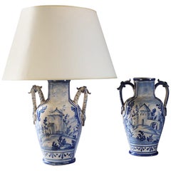 Matched Pair of 19th Century Blue and White Italian Vases as Table Lamps