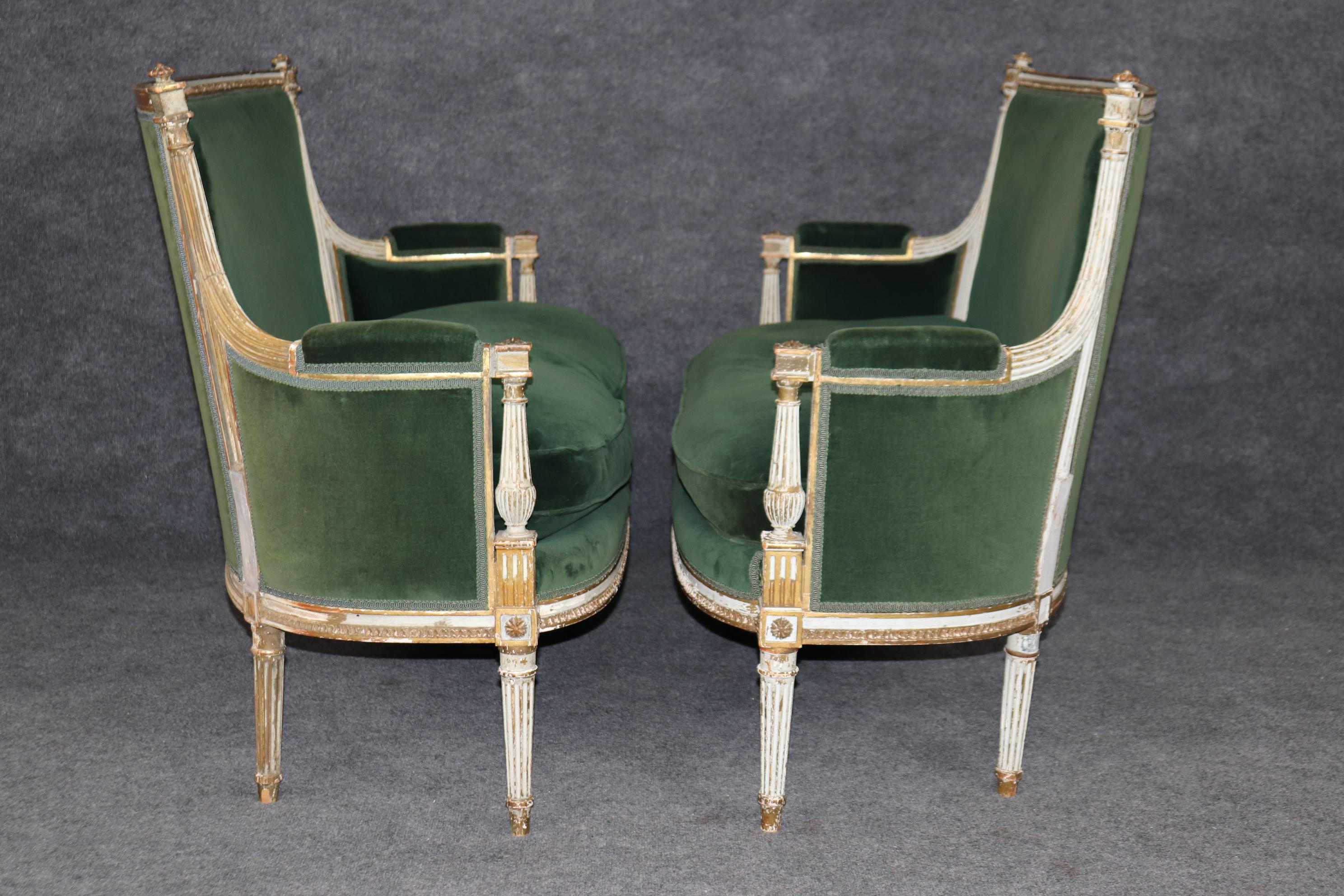 Rare Matched Pair 19th century French Louis XVI Style Distressed Painted Settees In Good Condition For Sale In Swedesboro, NJ