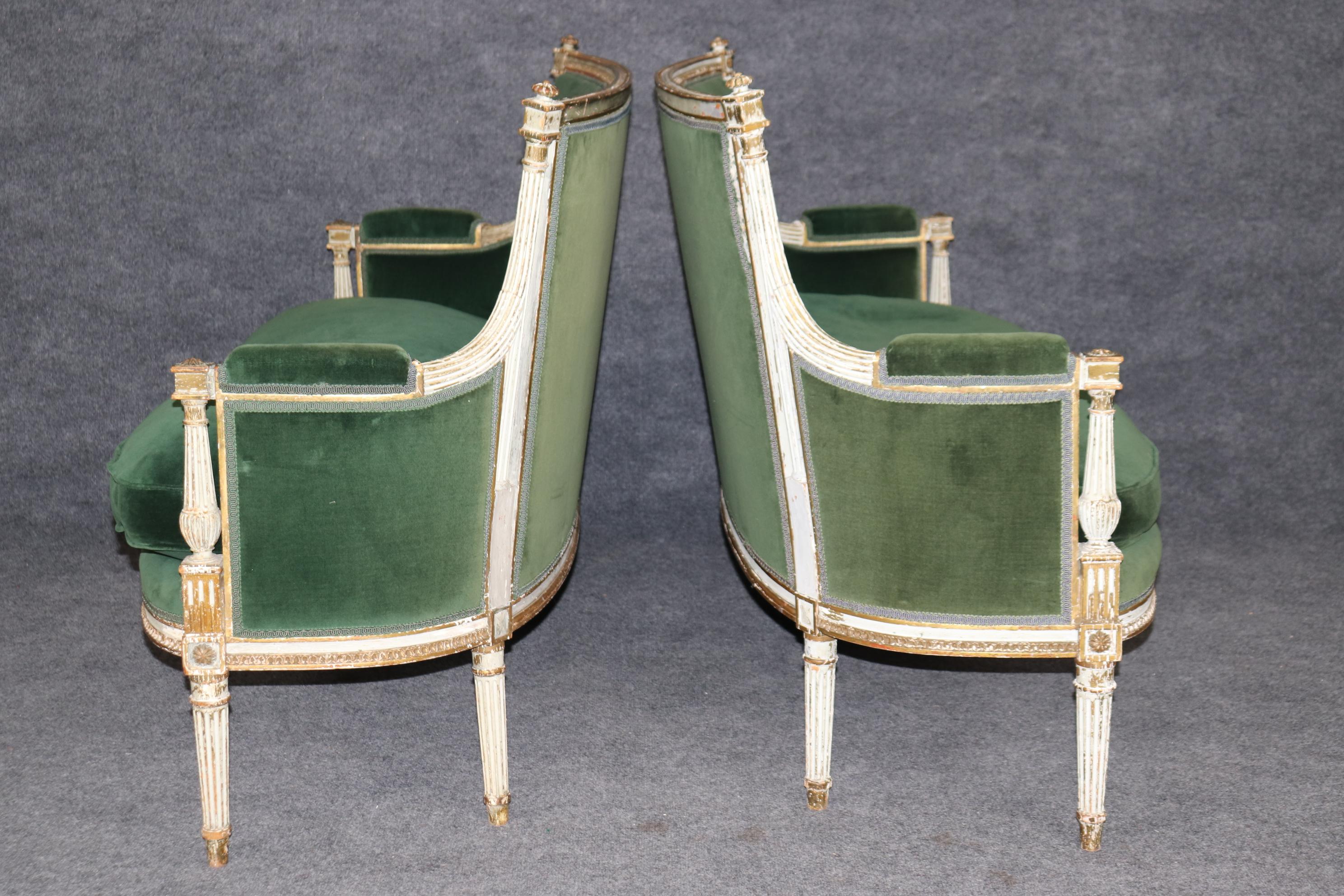 Late 19th Century Rare Matched Pair 19th century French Louis XVI Style Distressed Painted Settees For Sale