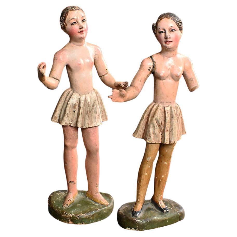 Matched Pair of 19th Century Hand Carved Pine Angelic Figures   For Sale