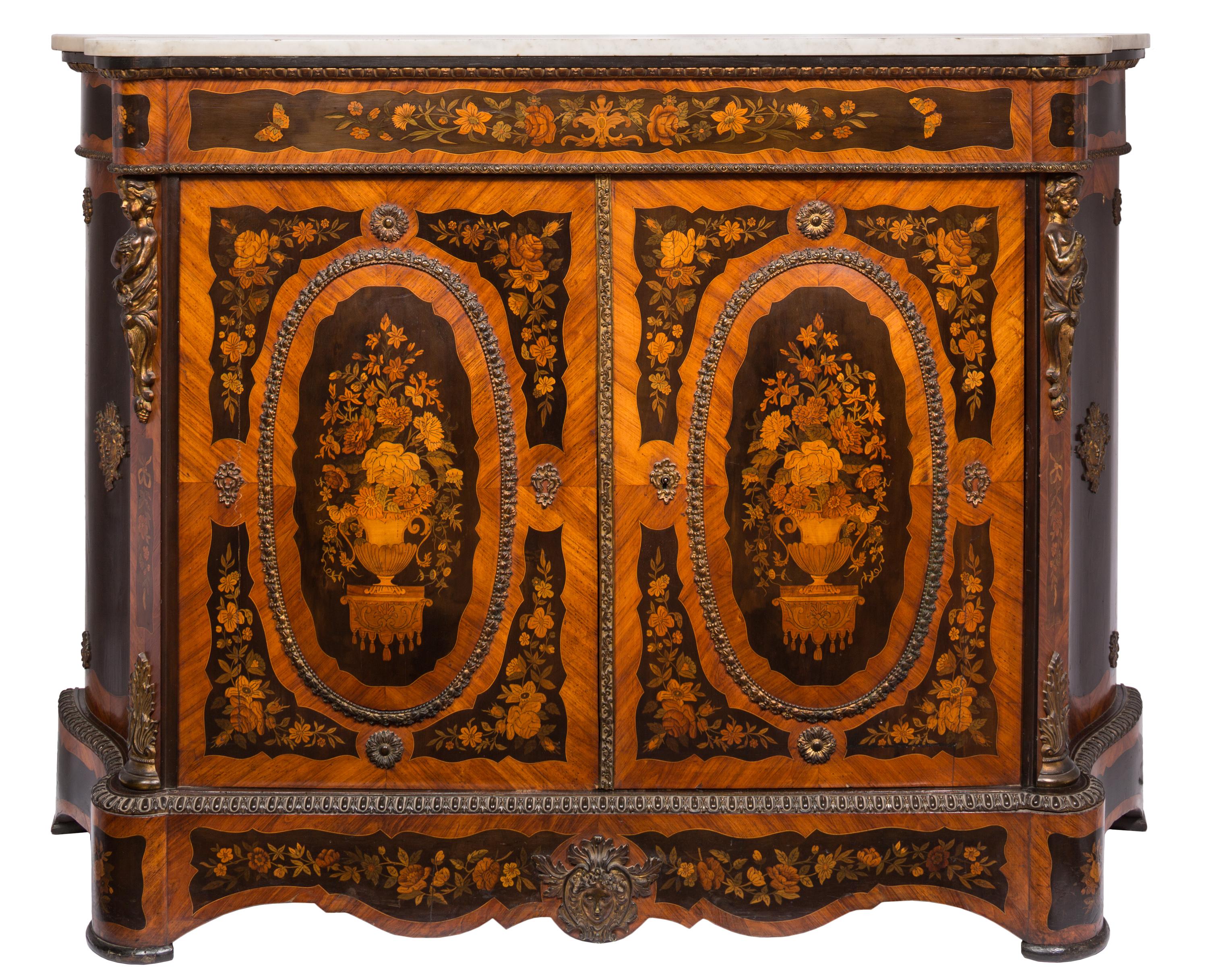 A matched pair of 19th century French Louis XVI style double door side cabinets with intricate multi-wood floral motif marquetry and gilt-bronze details. The central oval image area of each door is slightly convex, and the sides of the cabinets are