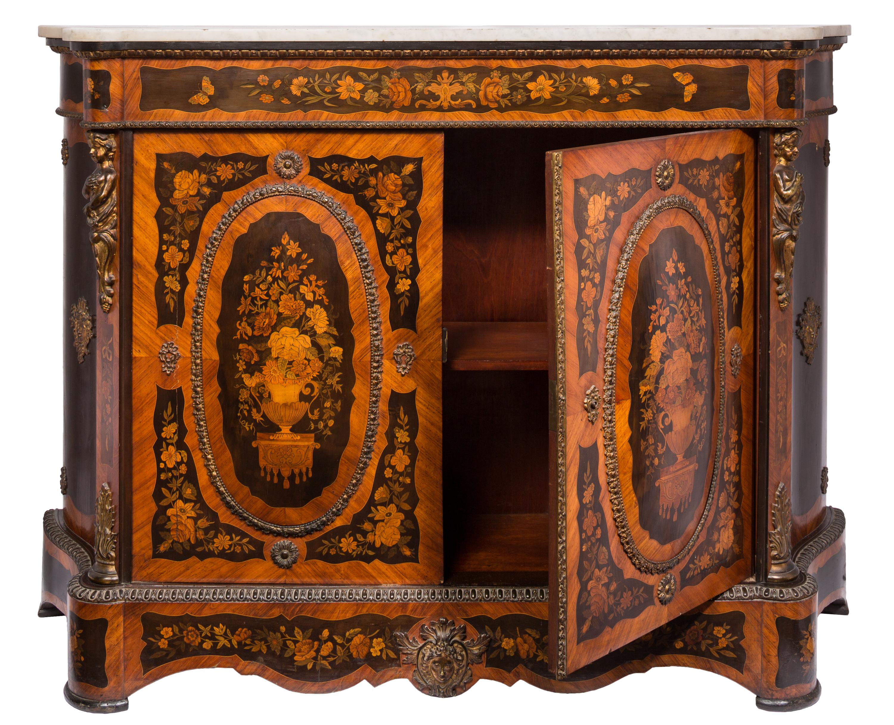 Gilt Pair of 19th Century French Louis XVI Style Side Cabinets with Floral Marquetry For Sale