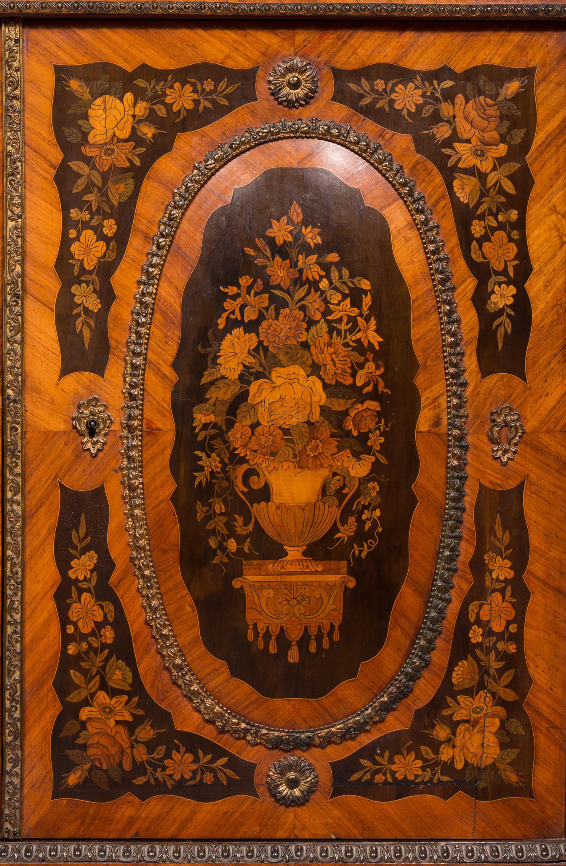 Bronze Pair of 19th Century French Louis XVI Style Side Cabinets with Floral Marquetry For Sale