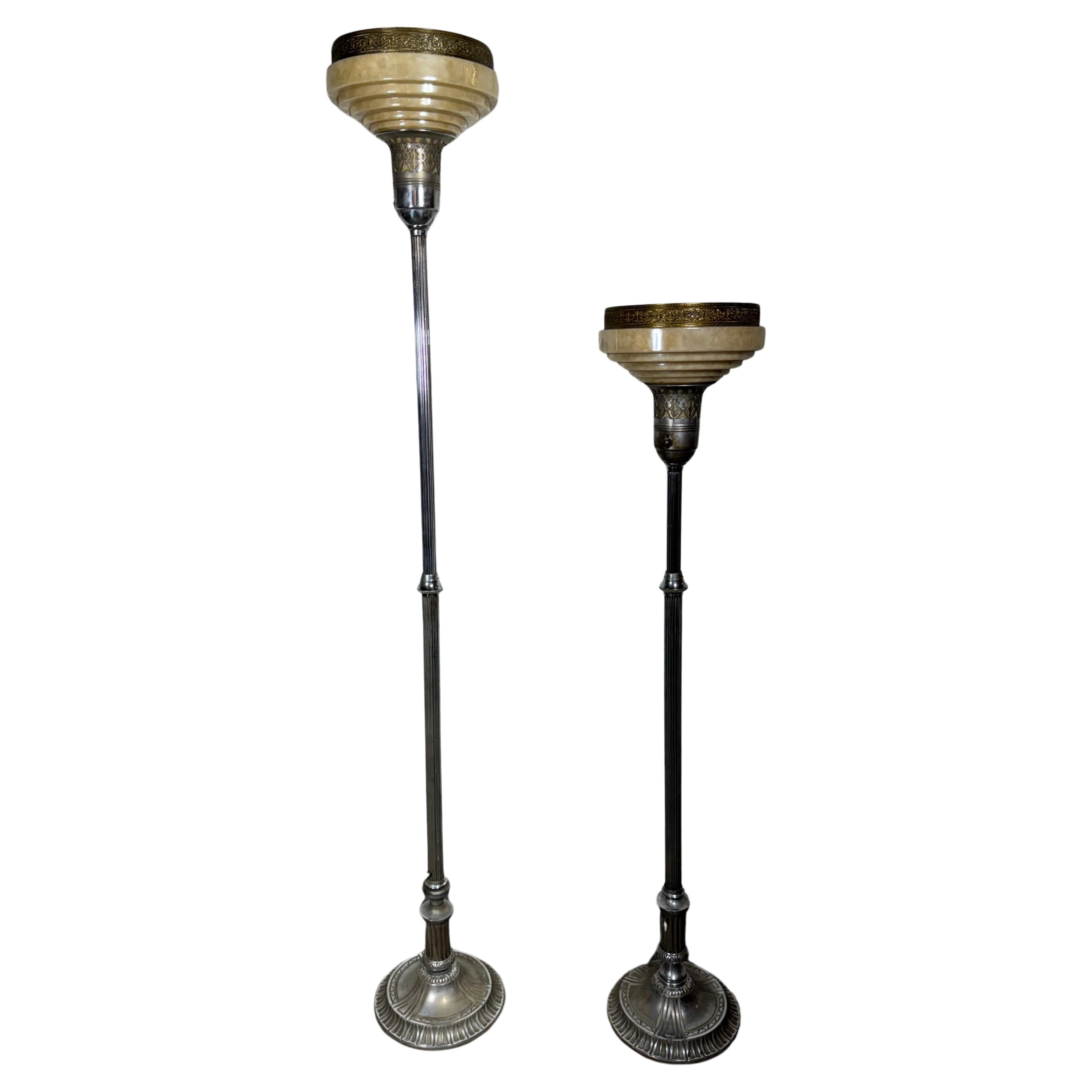 Matched pair of adjustable height Art dECO Glass & Aluminum TORCHERE lAMPS