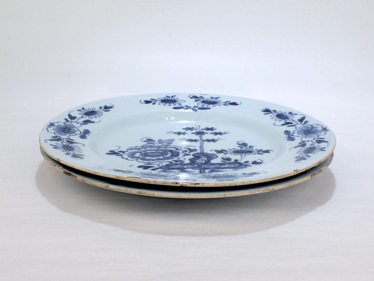 Faïence de Delft Paire d'assiettes anglaises anciennes du 18ème siècle en faïence de Delft avec pivoines en vente