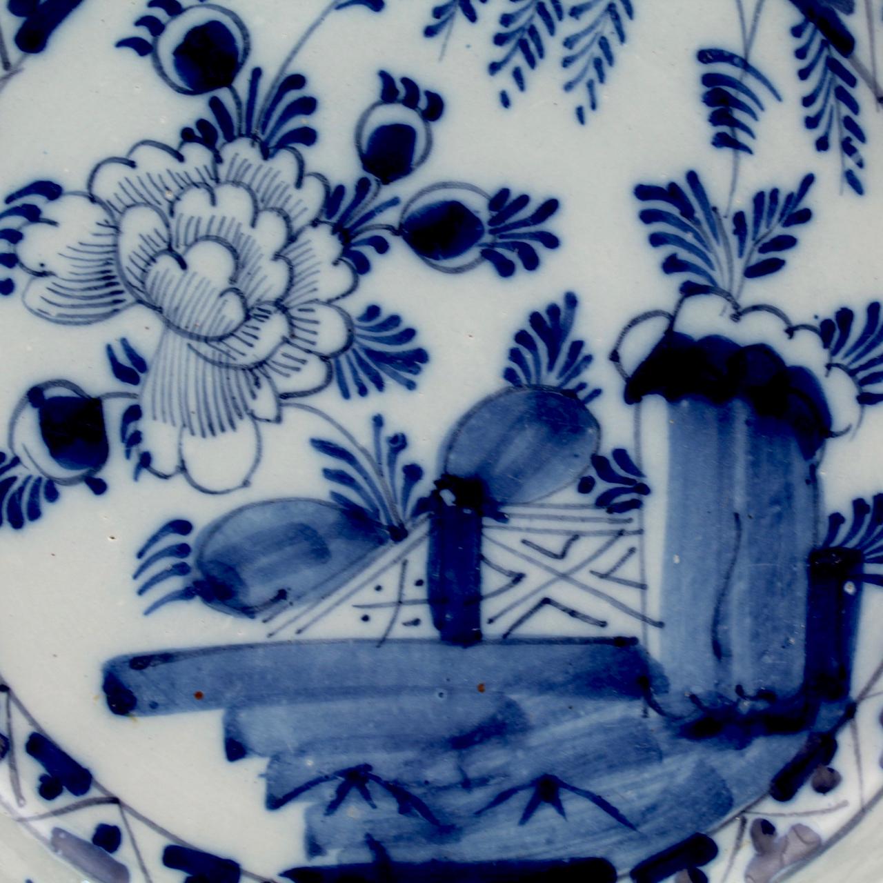 Baroque Matched Pair of Antique Dutch Delft Pottery Chinoiserie Chargers or Wall Plates
