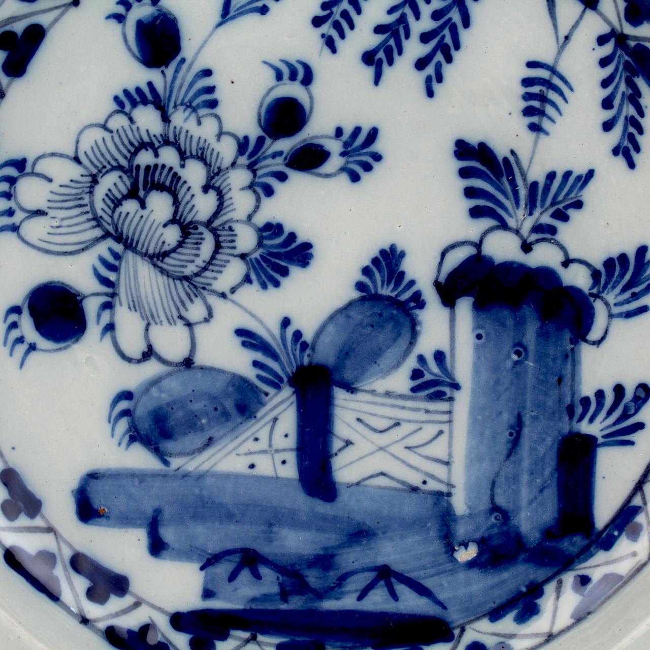 Matched Pair of Antique Dutch Delft Pottery Chinoiserie Chargers or Wall Plates 4