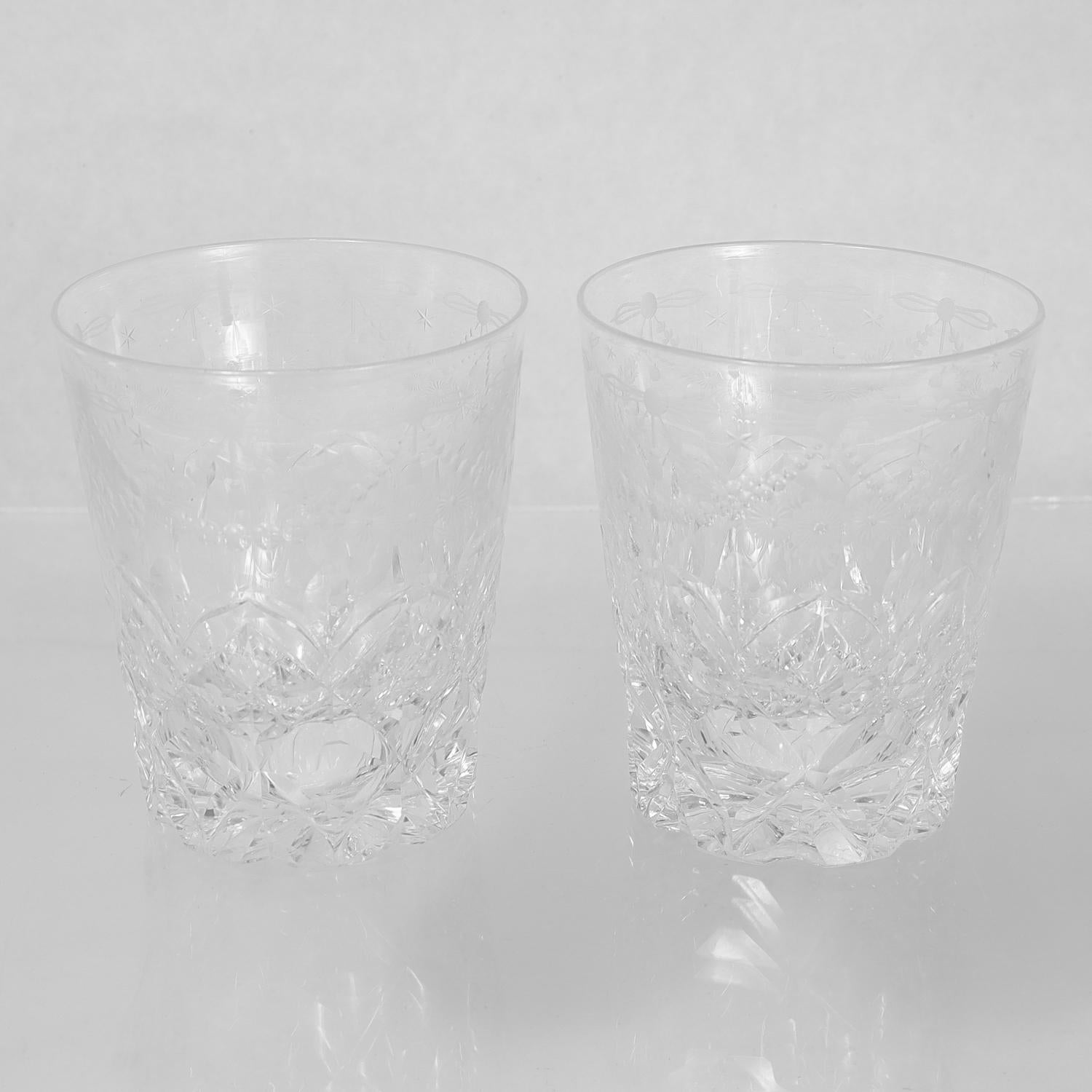 Matched Pair of Antique Etched & Cut Glass Whiskey Tumblers 4