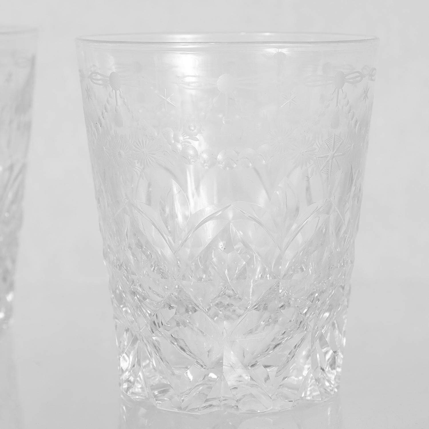 Matched Pair of Antique Etched & Cut Glass Whiskey Tumblers 5