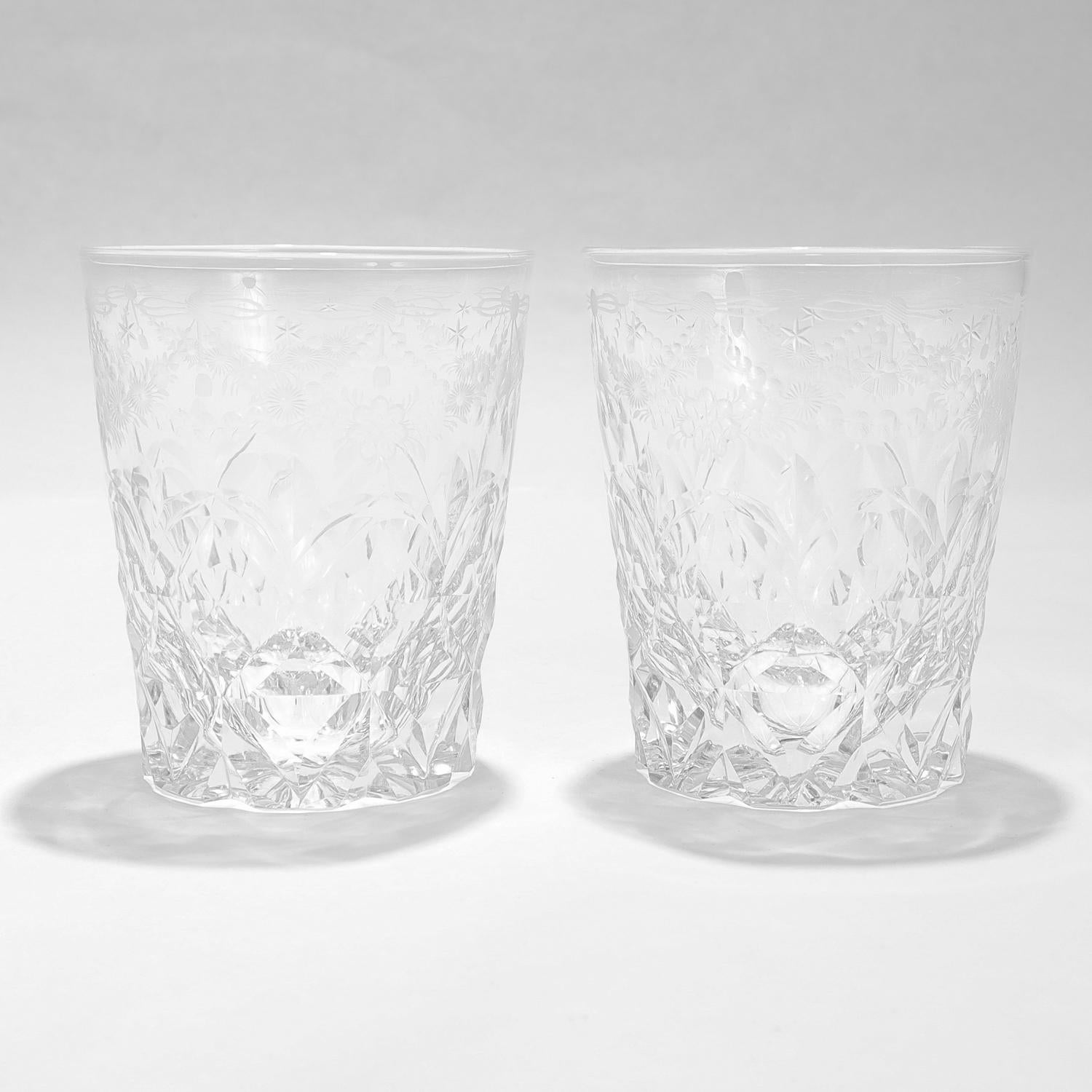 Mid-Century Modern Matched Pair of Antique Etched & Cut Glass Whiskey Tumblers